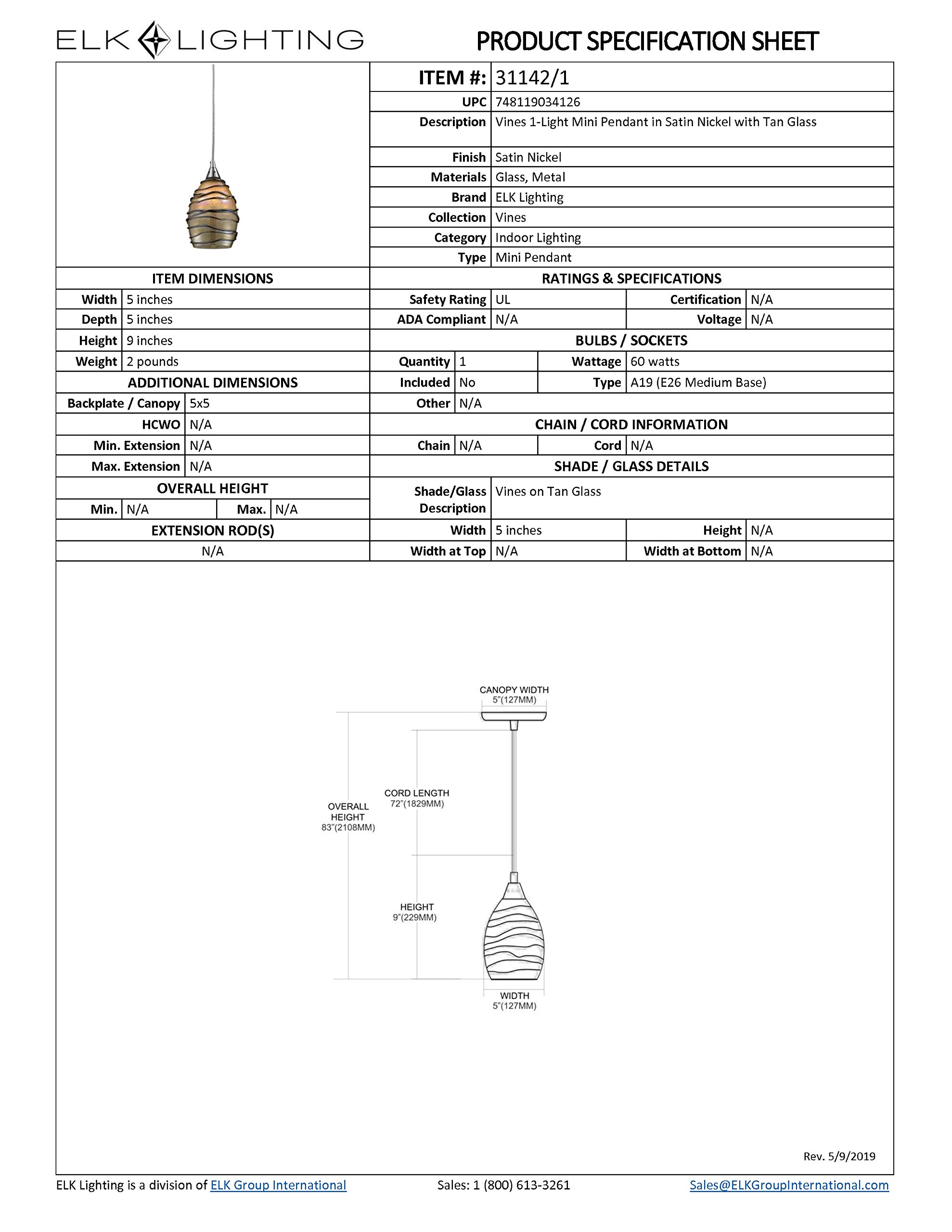 Elk Home Vines Mini Pendant Light - 1-Light Satin Nickel Finish with Tan Glass & Glass Wrap, Transitional Style Ceiling Fixture for Kitchen Island, Dining Room, or Entryway Lighting