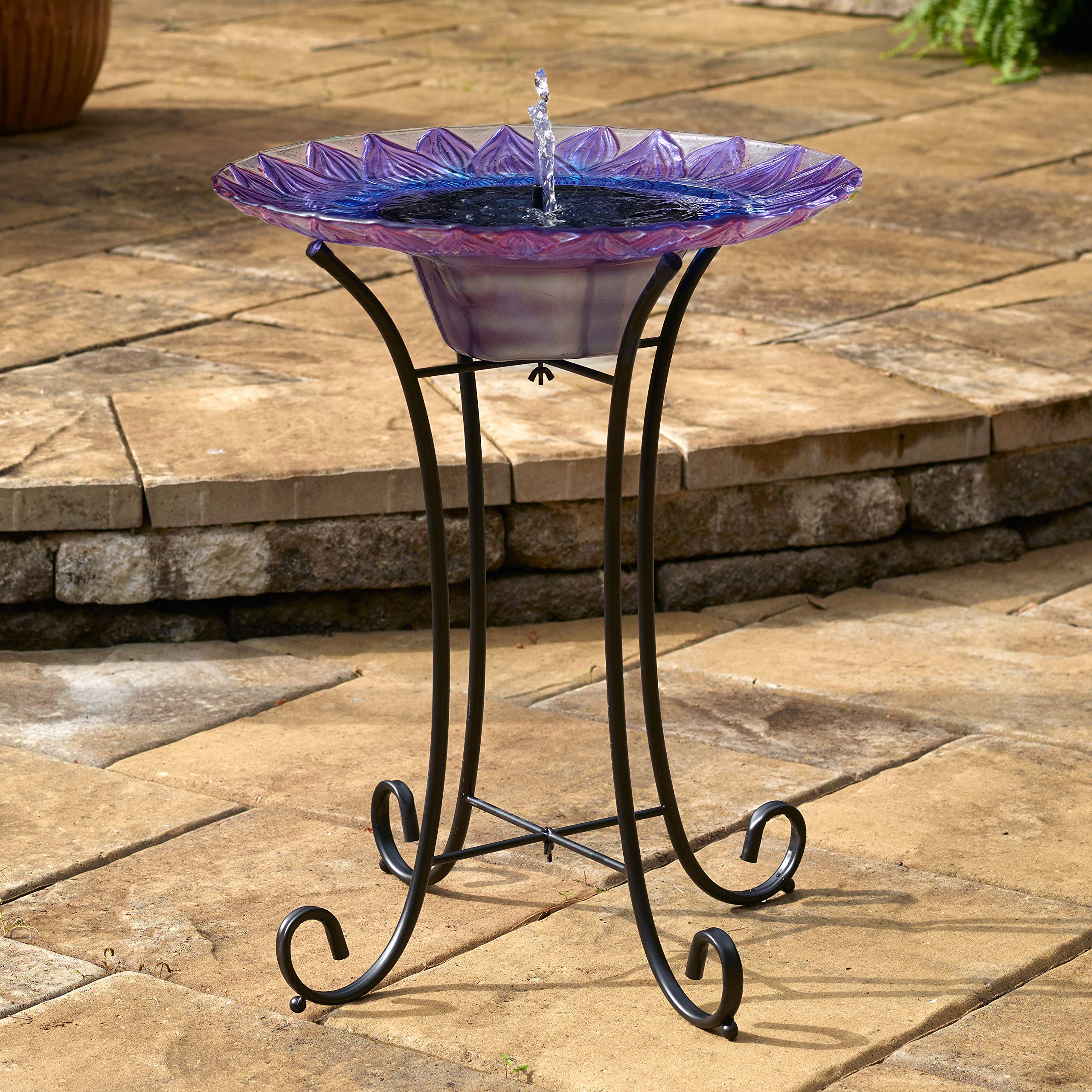 Smart Solar-Powered Birdbath Fountain with Patented Solar Panel & Pump System - Hand-Painted Glass Flower Design on Metal Stand (Blue/Purple) - Perfect for Garden, Patio, Yard Decoration & Attracting Birds