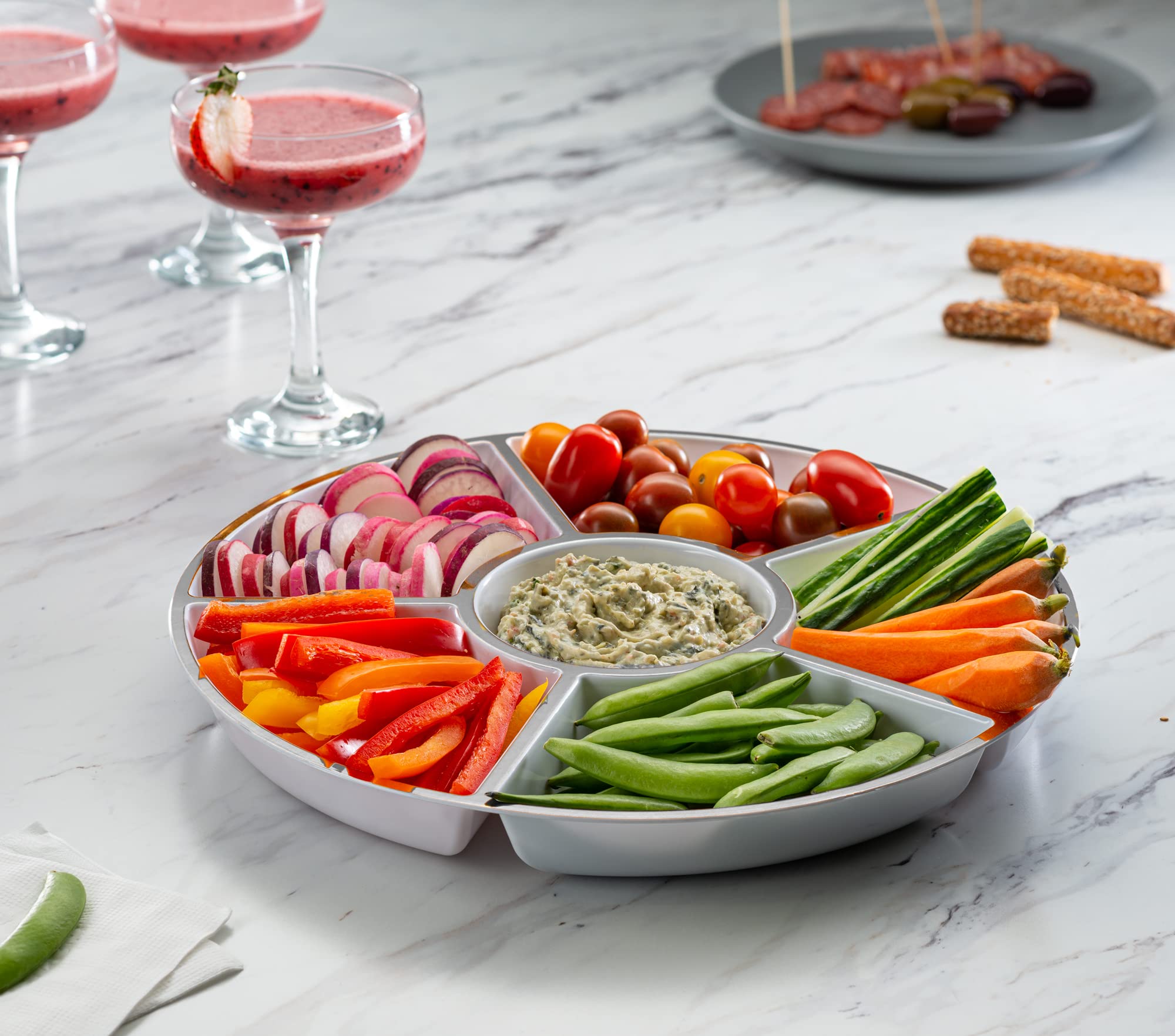 Plasticpro 6-Section Round Serving Tray Set - 8 Pack White & Silver Plastic Platters for Party, Buffet, and Catering Events