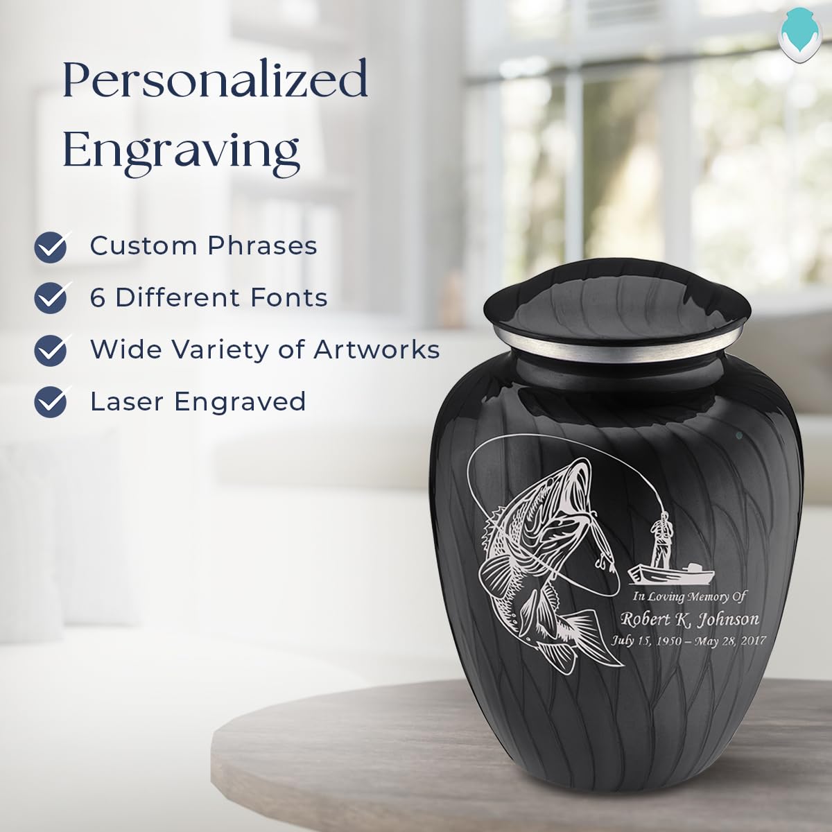Personalized Fishing Cremation Urn for Ashes - Large Pearl Black Funeral Urn for Men & Women with Double Side Engraving - Holds 200 lbs - Perfect for Memorial Services & Home Display