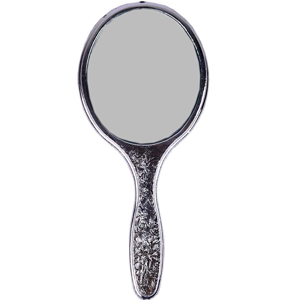 INAAYA Designer Handheld Makeup Mirror with Handle - Lightweight Travel Mirror for Women & Men (Silver, 25g) - Perfect for Home, Travel, and Professional Makeup Application