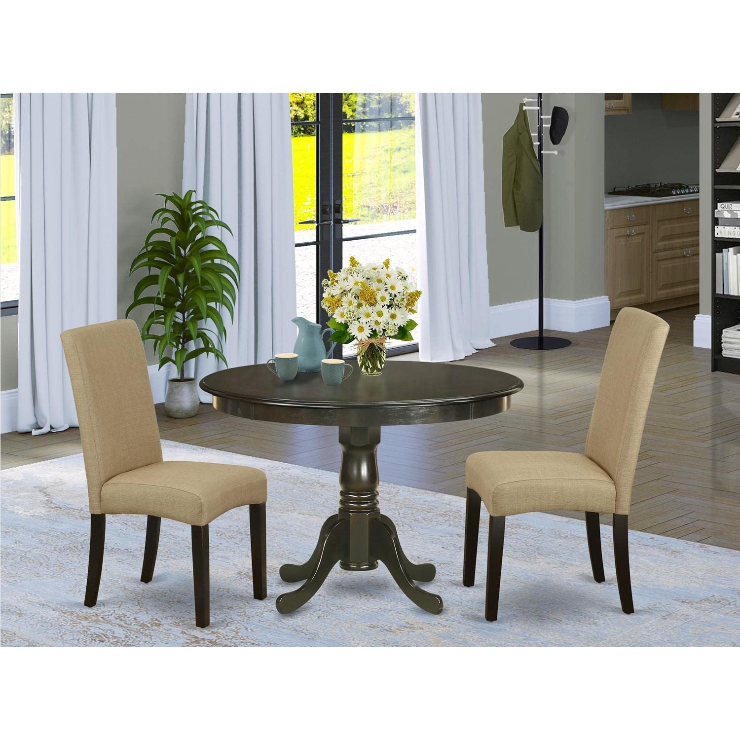 East West Furniture HLDR3-CAP-03 3-Piece Round Dining Table Set with Pedestal Base and 2 Brown Linen Upholstered Chairs, 42x42 Inch, Cappuccino - Perfect for Small Spaces, Breakfast Nooks, and Cozy Apartment Dining Areas