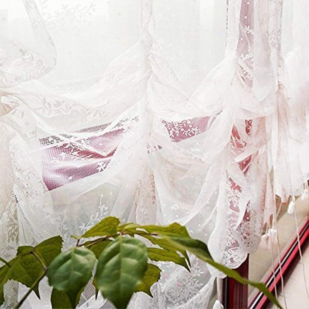 Elegant White Lace Embroidered Sheer Balloon Curtains - Adjustable Tie-Up Window Drapes with Floral Tulle Design (78