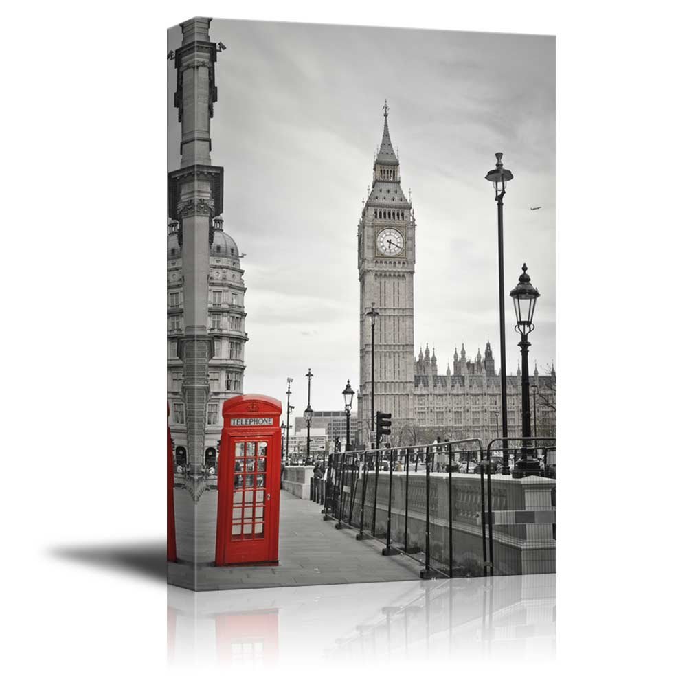 Pop of Color The Red Telephone Booth in London Canvas Art - 32x48 Inches - Vibrant Red Against Black & White Background - Wall Decor for Living Room, Office & Modern Spaces