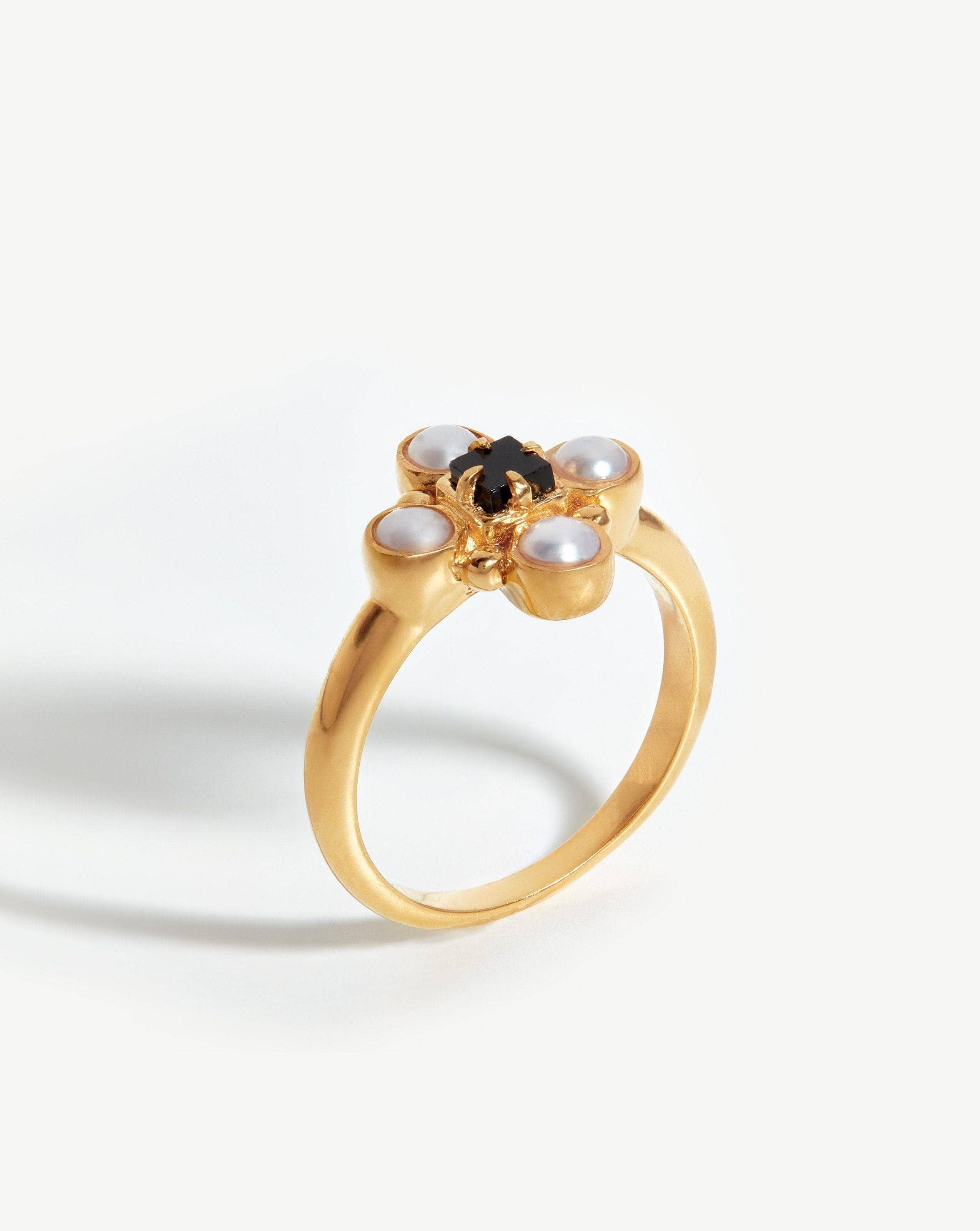 Harris Reed Quartet Ring - 18k Gold Vermeil with Pearl & Black Onyx | Elegant Stackable Ring for Women | Perfect for Weddings, Parties & Special Occasions