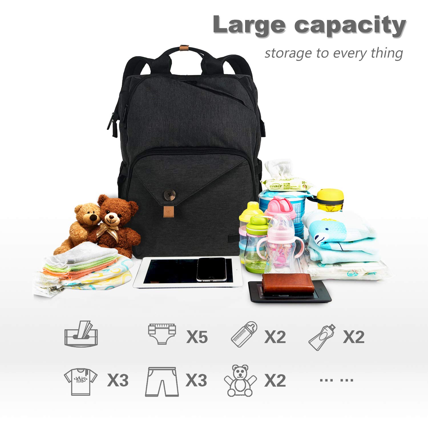 Hap Tim Large Waterproof Diaper Backpack for Travel & Maternity - Spacious Baby Nappy Bag with Stroller Straps & Double Compartments, Black (US7340-DG) | Perfect for Daycare, Family Outings & Airplane Travel with Baby Essentials
