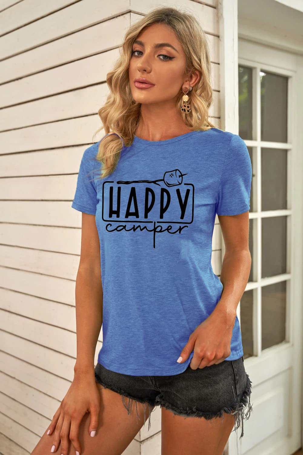 Happy Camper Graphic T-Shirt for Women - Funny Marshmallow Print Casual Summer Camping Tee - Perfect for Outdoor Adventures, Bonfires & Cozy Nights