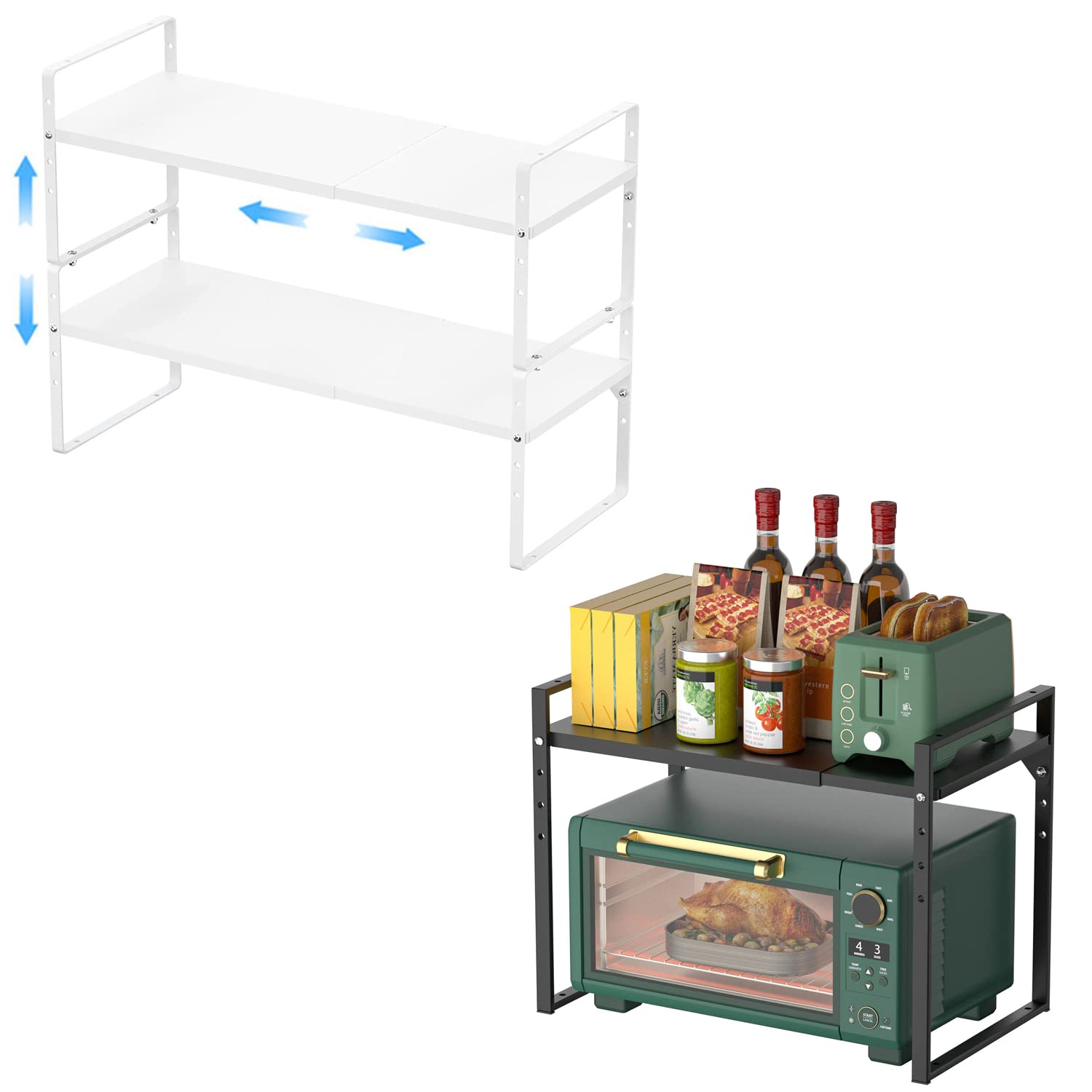 GEDLIRE Expandable Kitchen Cabinet Organizer - Adjustable Microwave & Toaster Shelf, Metal Countertop Storage Rack for Pantry Organization | Perfect for Small Spaces & Appliance Storage