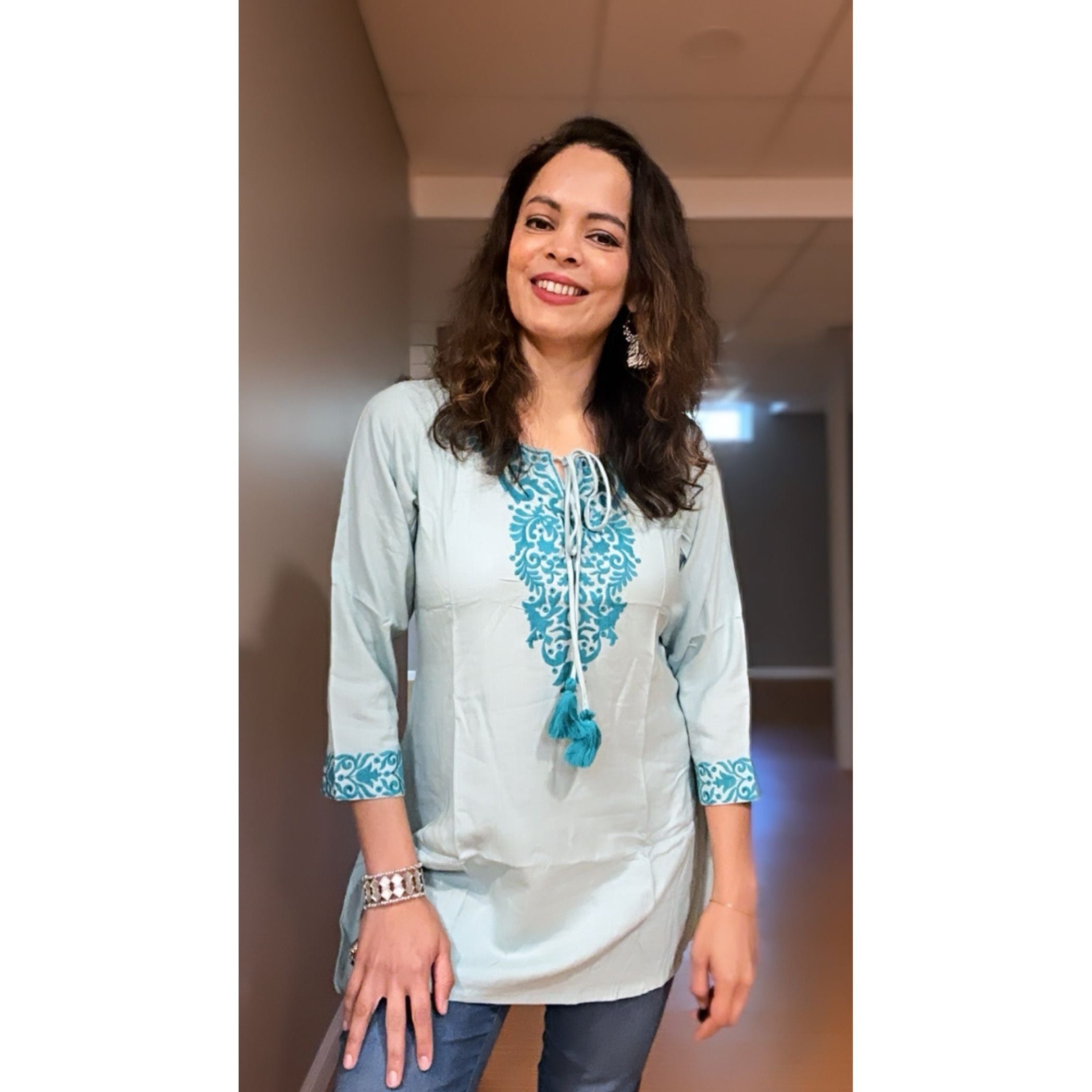 Stylish Baby Blue Short Kurti for Women - Comfortable & Trendy Indian Tunic Top for Casual Wear, Parties & Festivals