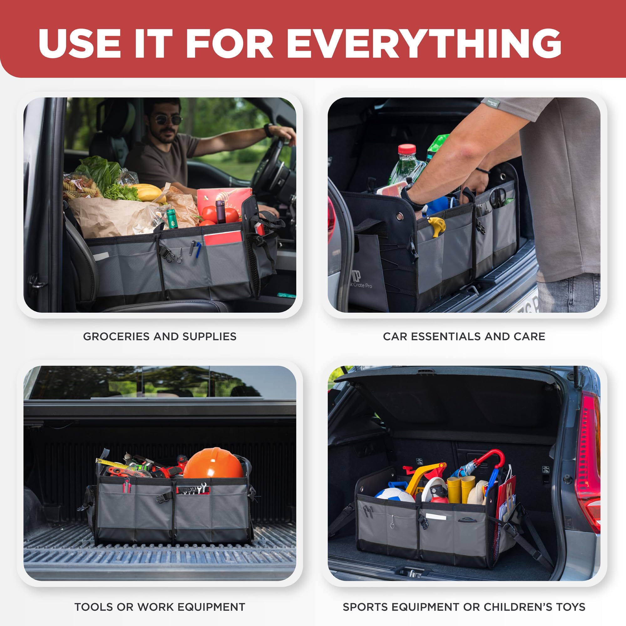 TRUNKCRATEPRO Large Capacity Car Storage Organizer - Premium Adjustable Compartments for SUV, Truck & Car | Collapsible Gray Trunk Organizer | Perfect for Road Trips, Groceries & Sports Gear Storage