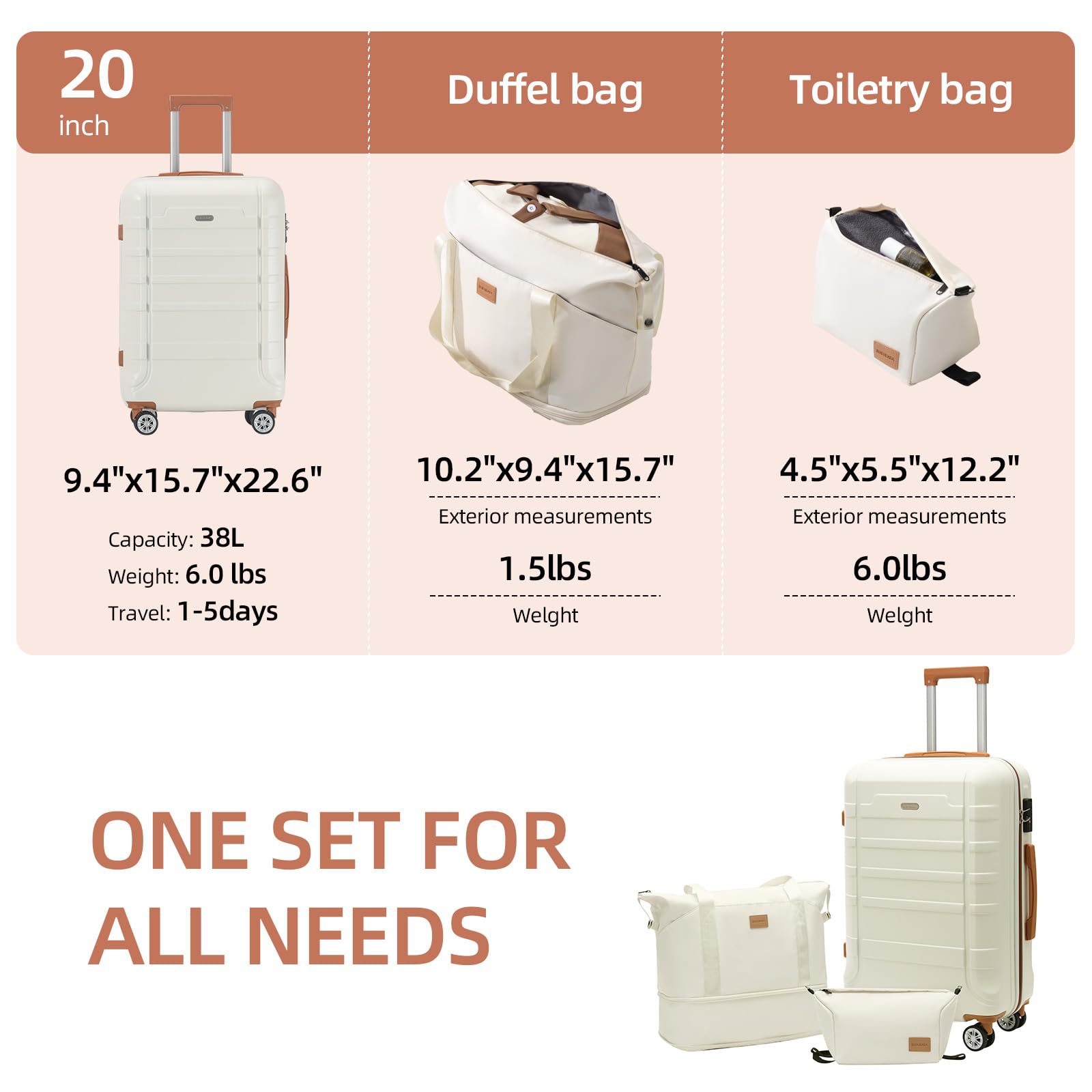 20-Inch 3-Piece Luggage Set with Wheels - Lightweight Carry On Suitcase for Air Travel, Business Trips & Vacations (White)