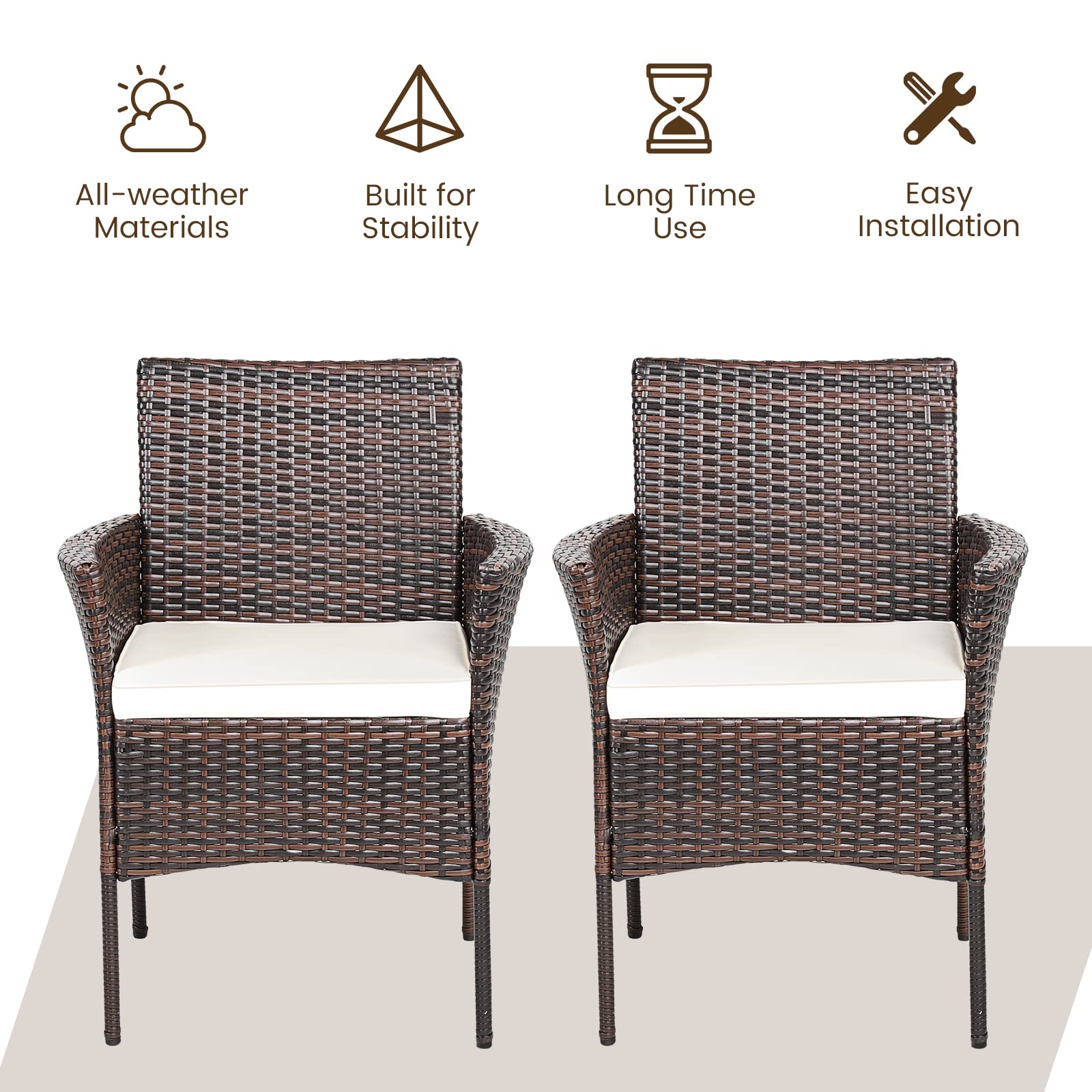 RELAX4LIFE 2-Piece Wicker Patio Chair Set - PE Rattan Armchairs with Cane Back & Cushions - Indoor/Outdoor Dining Chairs for Bistro, Porch, Poolside, Garden - 360LBS Weight Capacity - Brown & Beige (2 Pack) - Perfect for Outdoor Entertaining & Relaxation
