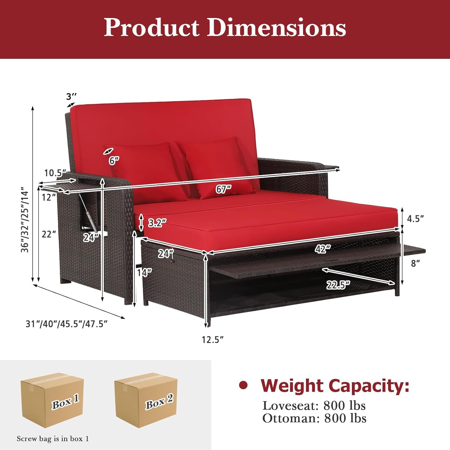 RELAX4LIFE Outdoor Wicker Daybed with Adjustable Backrest - Rattan Patio Lounger Set with Loveseat, Storage Ottoman & Cushions - 4-Level Reclining & 2 Retractable Trays - Perfect for Poolside, Garden or Patio Relaxation (Red)