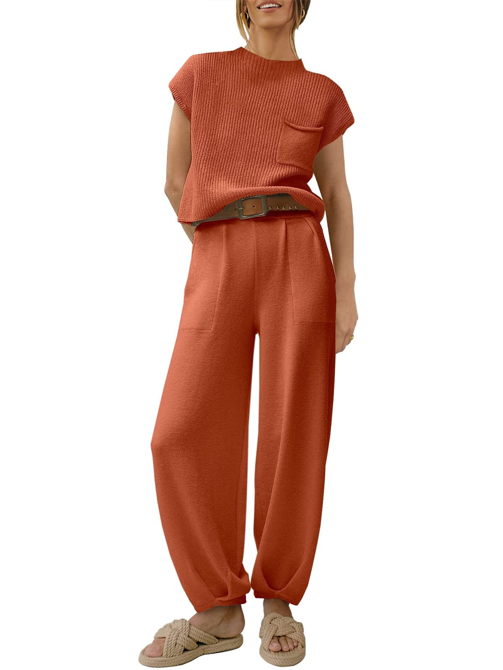 Women's 2-Piece Sweater Set - Knit Pullover Top & High Waisted Lounge Pants - Matching Outfit for Casual Wear, Home Comfort & Winter Fashion