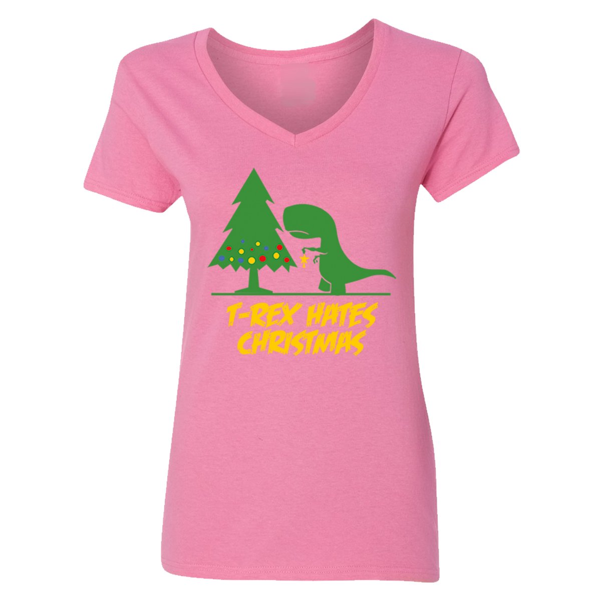 Funny Ugly Christmas T-Shirt for Women - T-Rex Hates Christmas V-Neck Tee | Holiday Party Outfit & Festive Gift Idea