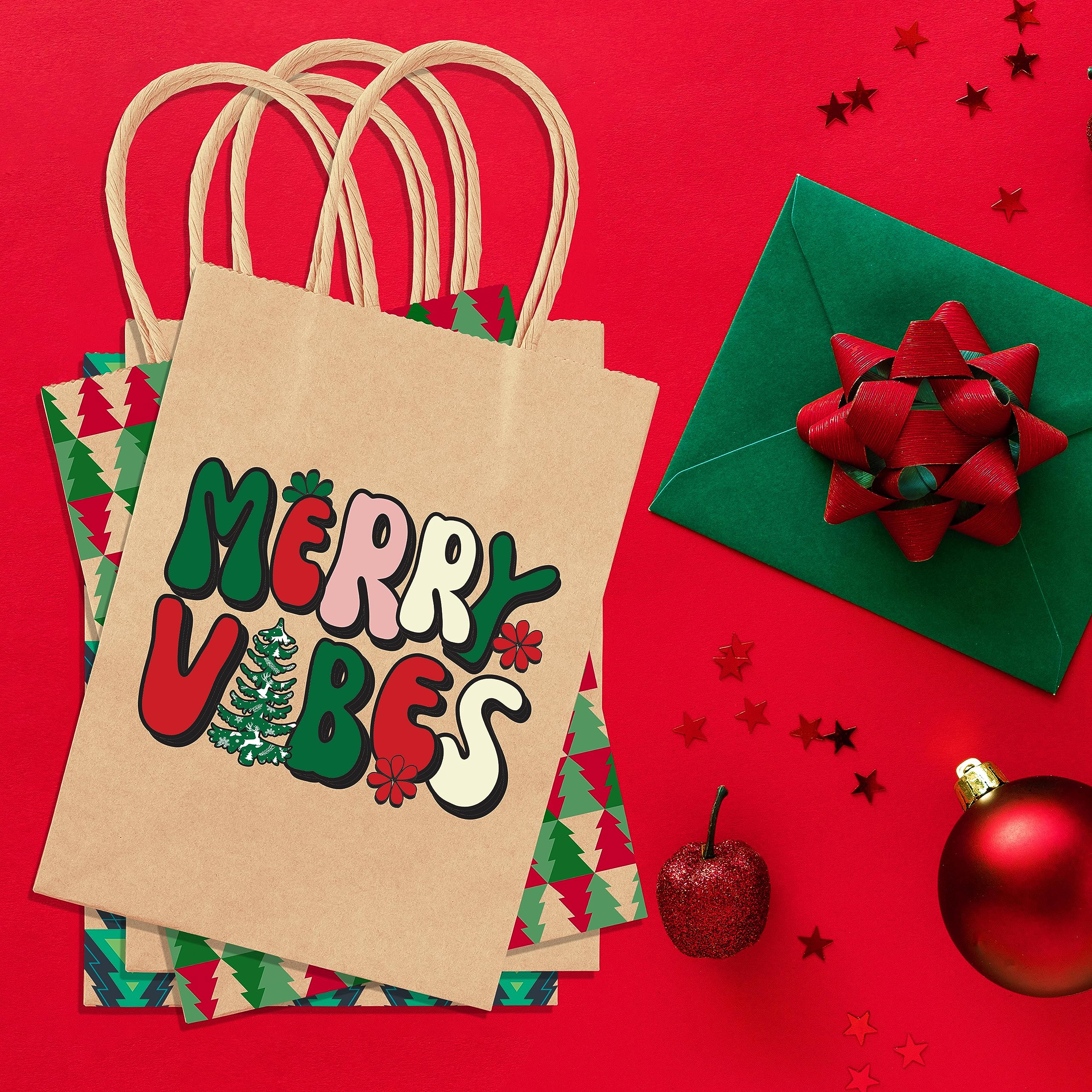 30 Christmas Kraft Gift Bags - 6 Festive Designs for Holiday Presents, Xmas Party Favors & Classroom Treats (9