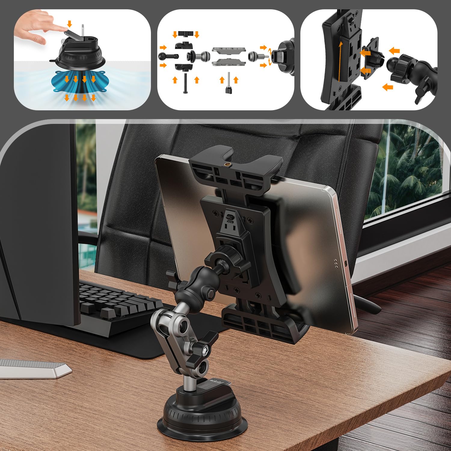 Jubor 360° Rotatable Car Tablet Holder with Strong Suction Cup - Adjustable Dashboard & Windscreen Mount for iPad Air/Mini, iPhone, Galaxy (Fits 4.7-12.9