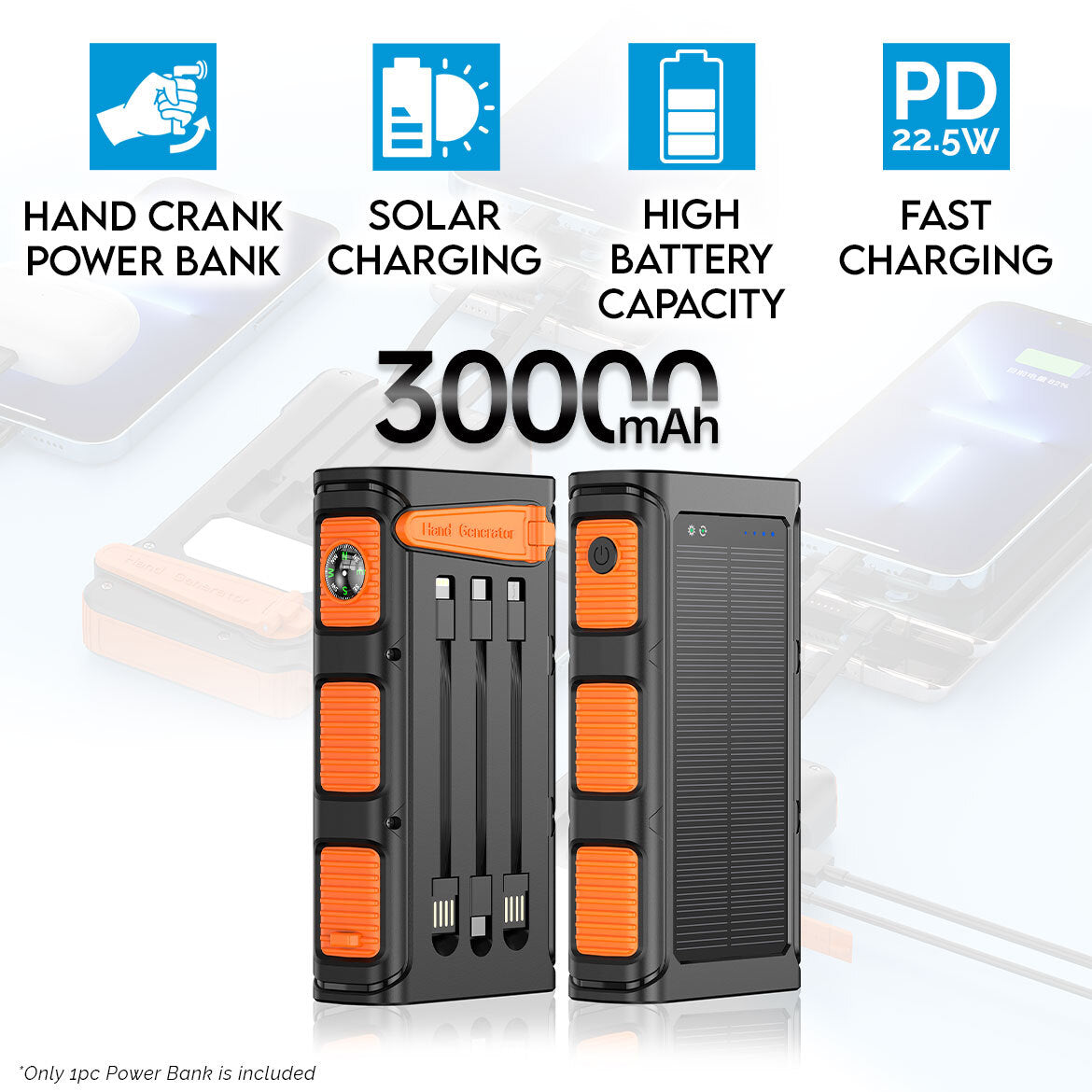 30000mAh Solar Power Bank with Hand Crank - PD22.5W Fast Charging Portable Charger for Camping, Hiking & Emergency Power Outages