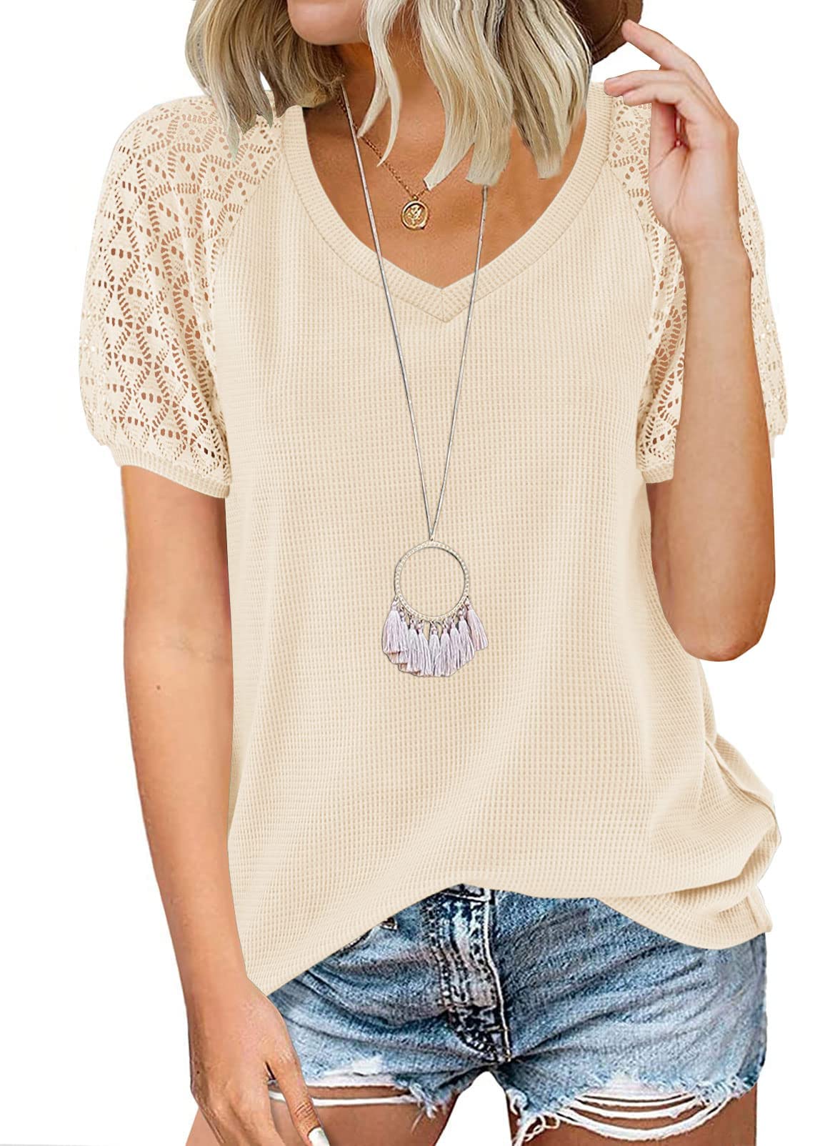 MEROKEETY Women's Summer Lace Short Sleeve V-Neck Blouse - Loose Casual Waffle Knit Top for Beach, Vacation & Everyday Wear