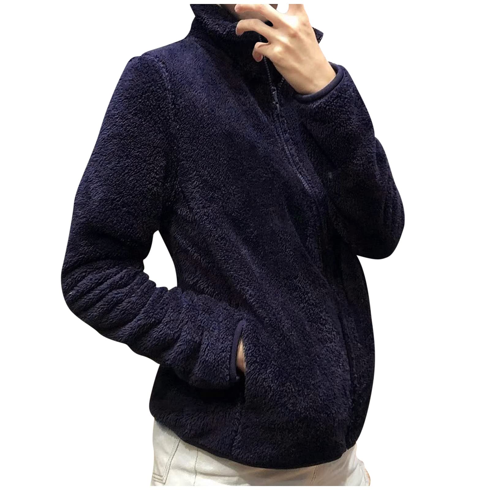 Women's Full Zip Fleece Jacket - Stand Collar Sherpa Lined Winter Coat with Side Pockets | Warm Fleece Jacket for Outdoor Activities, Hiking & Casual Wear