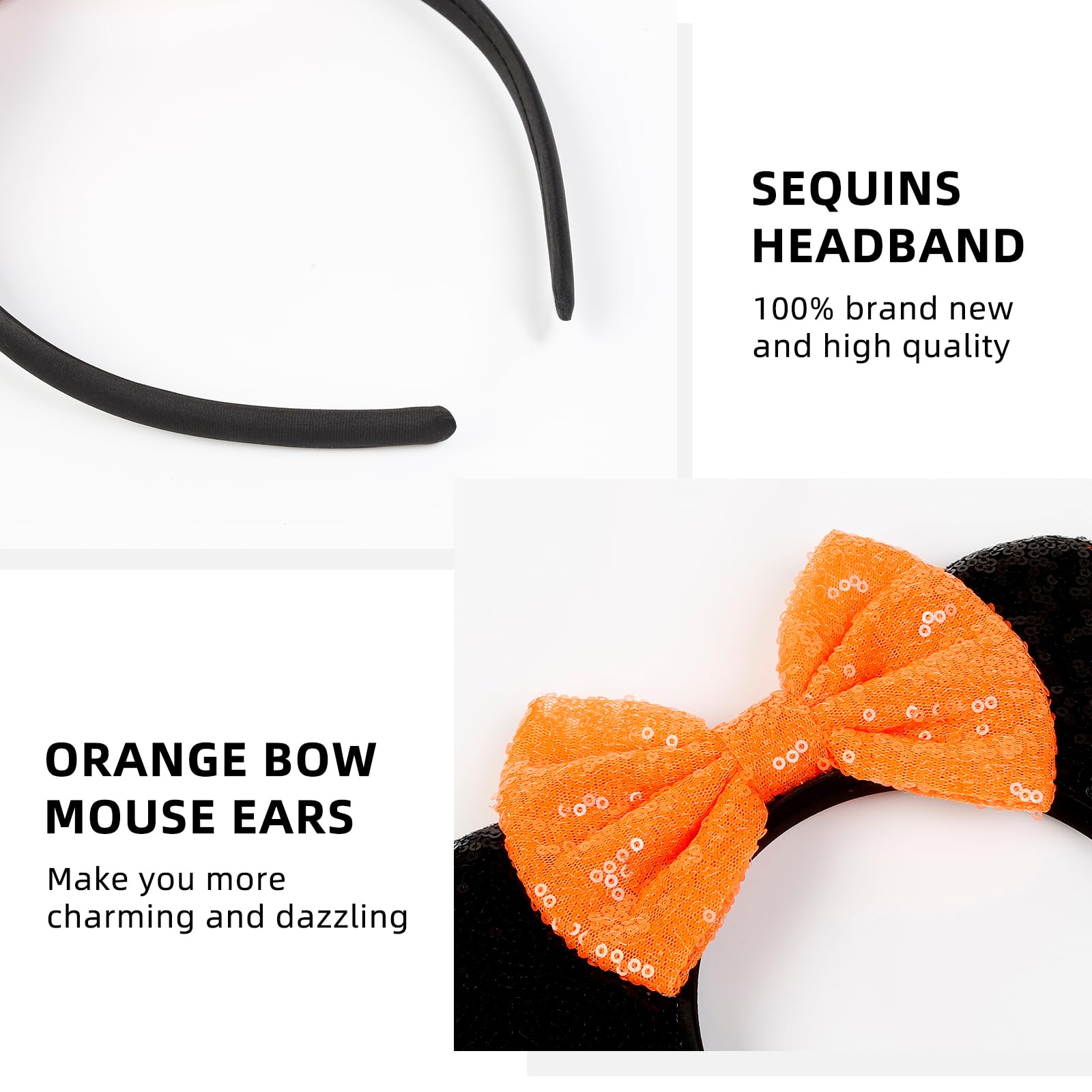 WOVOWOVO Halloween Mouse Ears Headbands for Women - Sparkly Orange Bow Headband with Sequins, Cute Cosplay Hair Accessories for Costume Parties, Disney Princess Theme Events & Halloween Celebrations