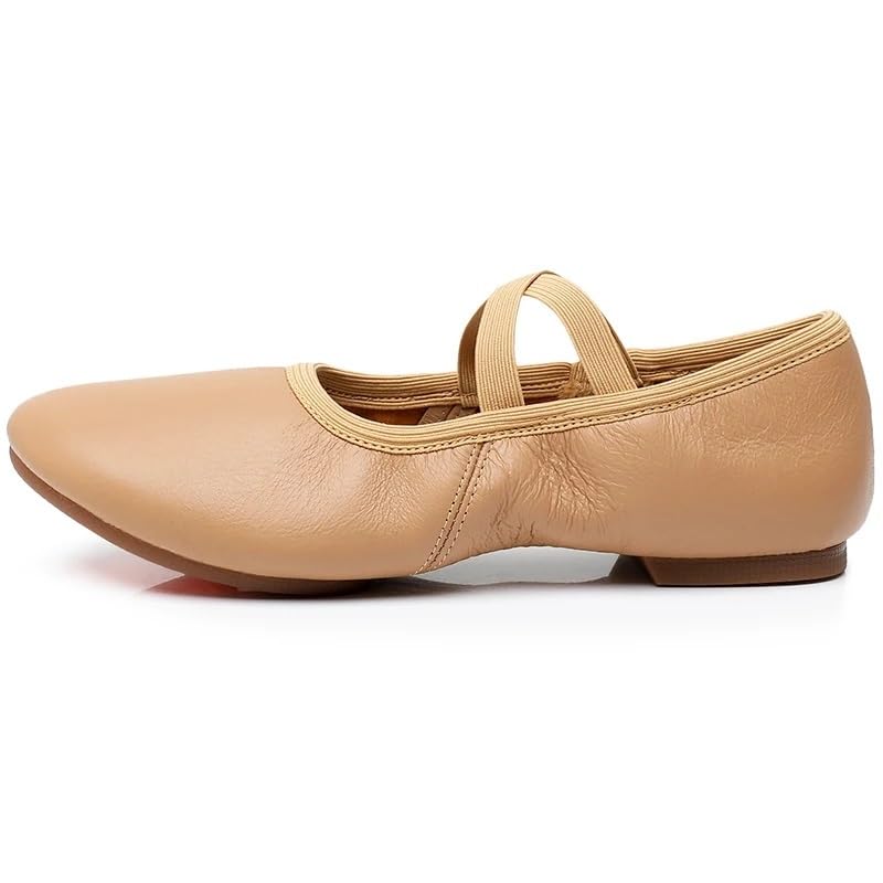 LNJMRU Genuine Leather Ballet Jazz Dance Shoes for Women & Girls - Tan & Black Antiskid Sole, Perfect for Jazz, Ballet, and Modern Dance Performances