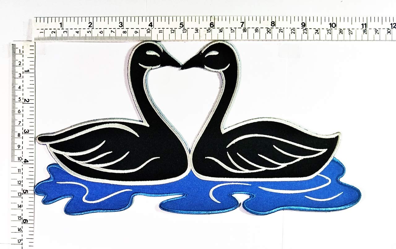 Black Goose Duck Bird Kiss Heart Cartoon Embroidered Patch - XXL Jumbo Applique for Jackets, Polo Shirts & Backpacks - DIY Sew-on Iron-on Stickers for Clothing Customization - Perfect for DIY Crafts, Fashion Upcycling & Personalized Gifts