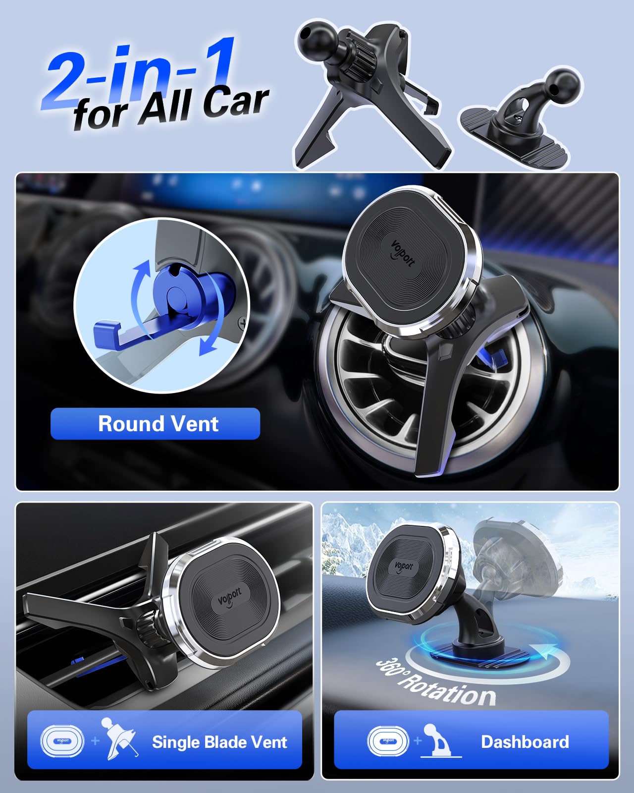 Volport Strong Magnetic Phone Mount for Car - Universal Vent & Dashboard Holder for iPhone 16/15/14/13/12 Pro Max, Samsung S24 Ultra & All Smartphones - Perfect for Driving, Navigation & Hands-Free Calling