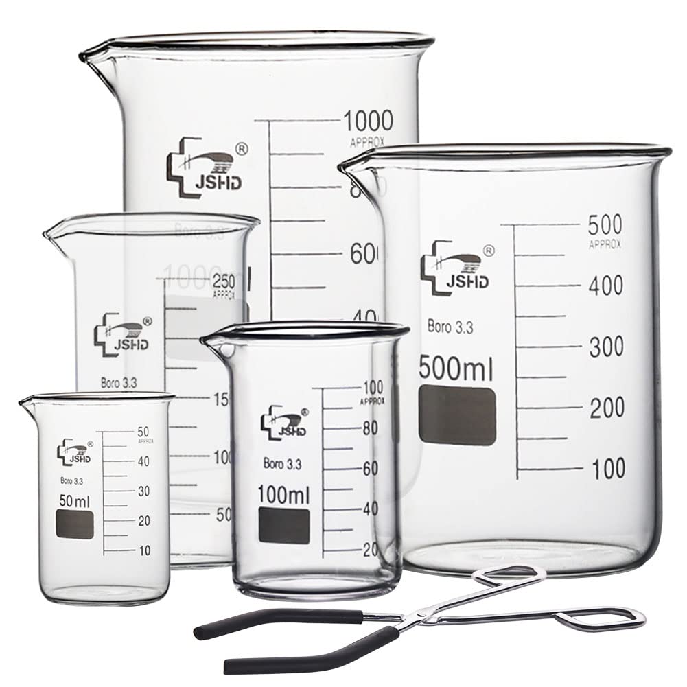 6PCS Borosilicate Glass Measuring Beaker Set (50ml 100ml 250ml 500ml 1000ml) with Steel Chromed Tongs - Lab Grade 3.3 Glass Beakers for Chemistry Experiments, Kitchen Measuring & Science Classrooms