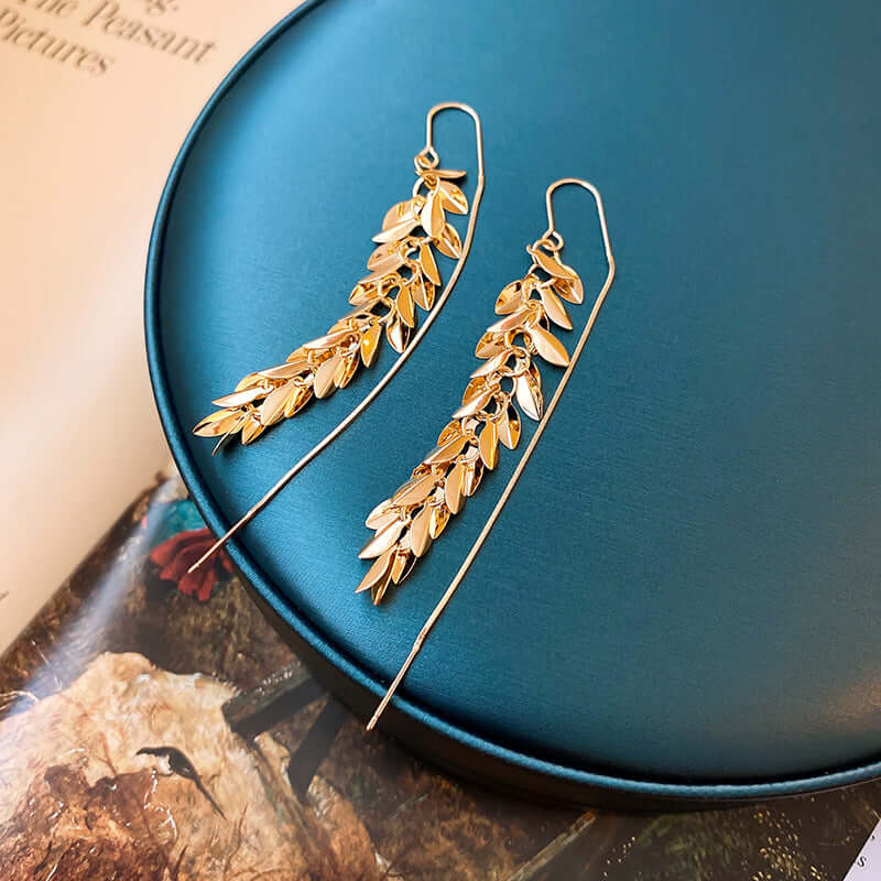 Vintage Gold Leaf Chain Threader Earrings - Dainty Boho Jewelry for Women | A7778 | Perfect for Parties, Weddings & Everyday Wear