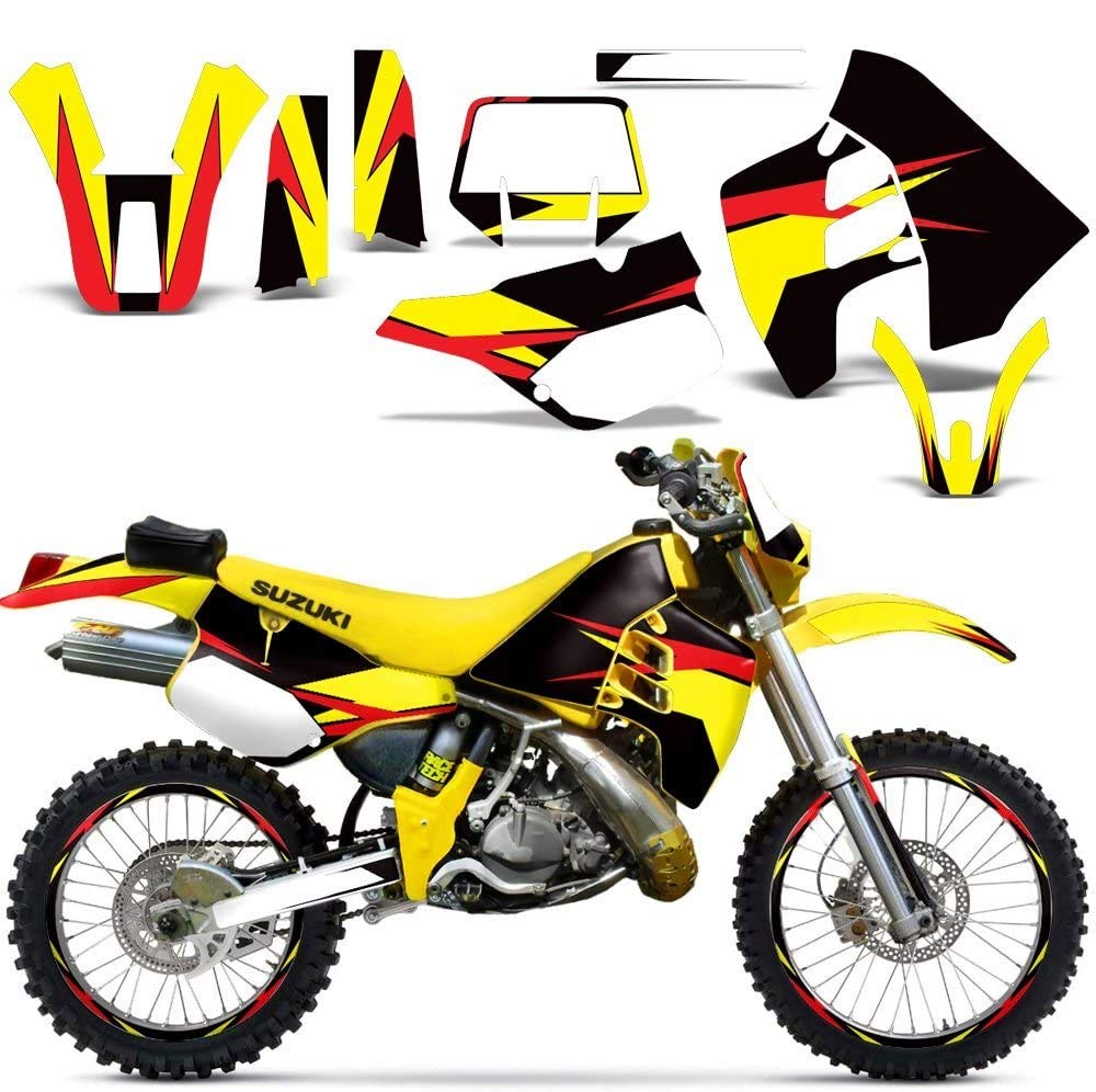 Premium MX Dirt Bike Graphics Kit - Full Sticker Decal Set with Rim Trim & Number Plates for Suzuki RMX 250 (1989-1998) | Yellow, Red & Black Design | Off-Road Racing & Custom Bike Upgrade