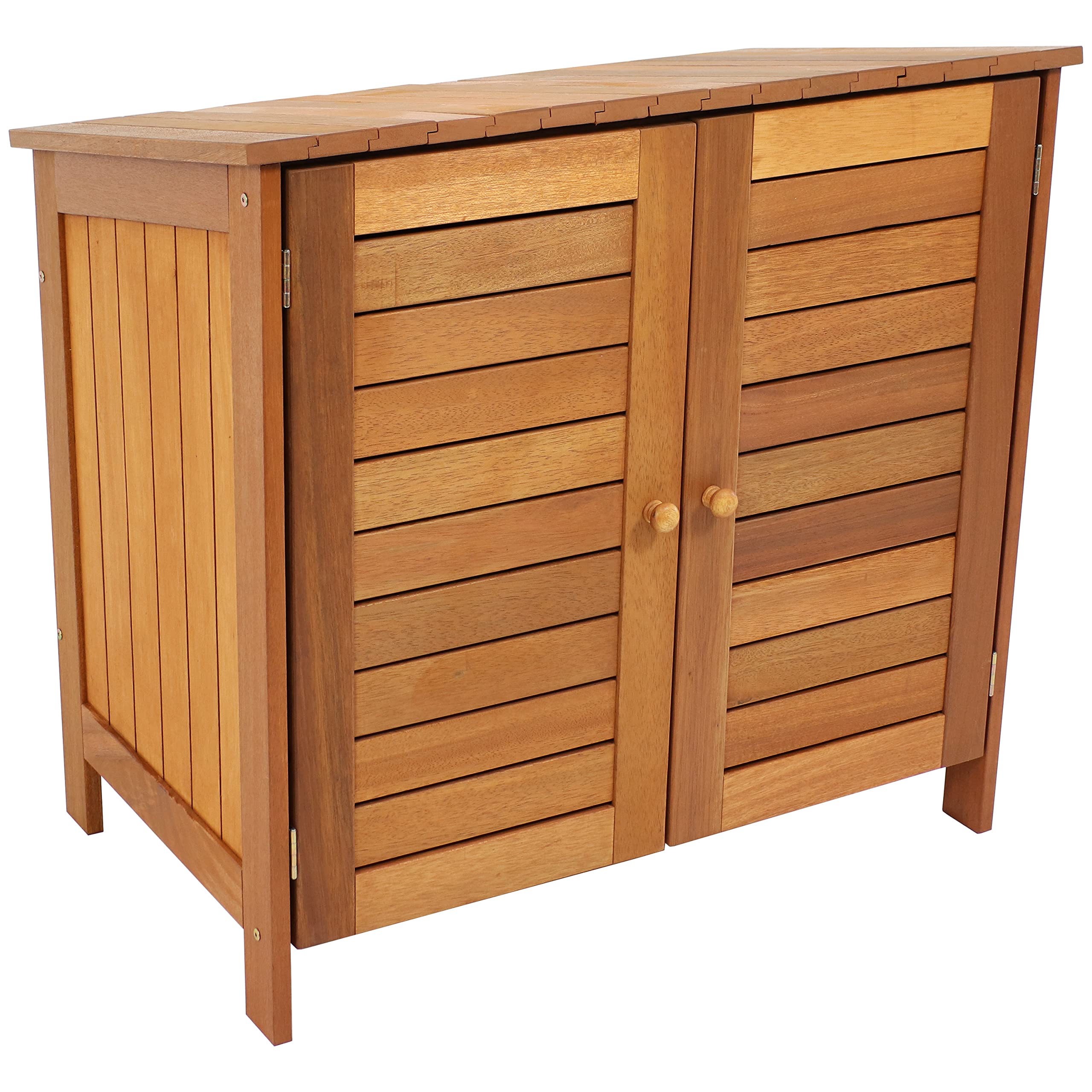 Sunnydaze Meranti Wood Small Outdoor Garden Storage Shed with Shelf - Teak Oil Finish - Perfect for Backyard, Patio, and Tool Organization