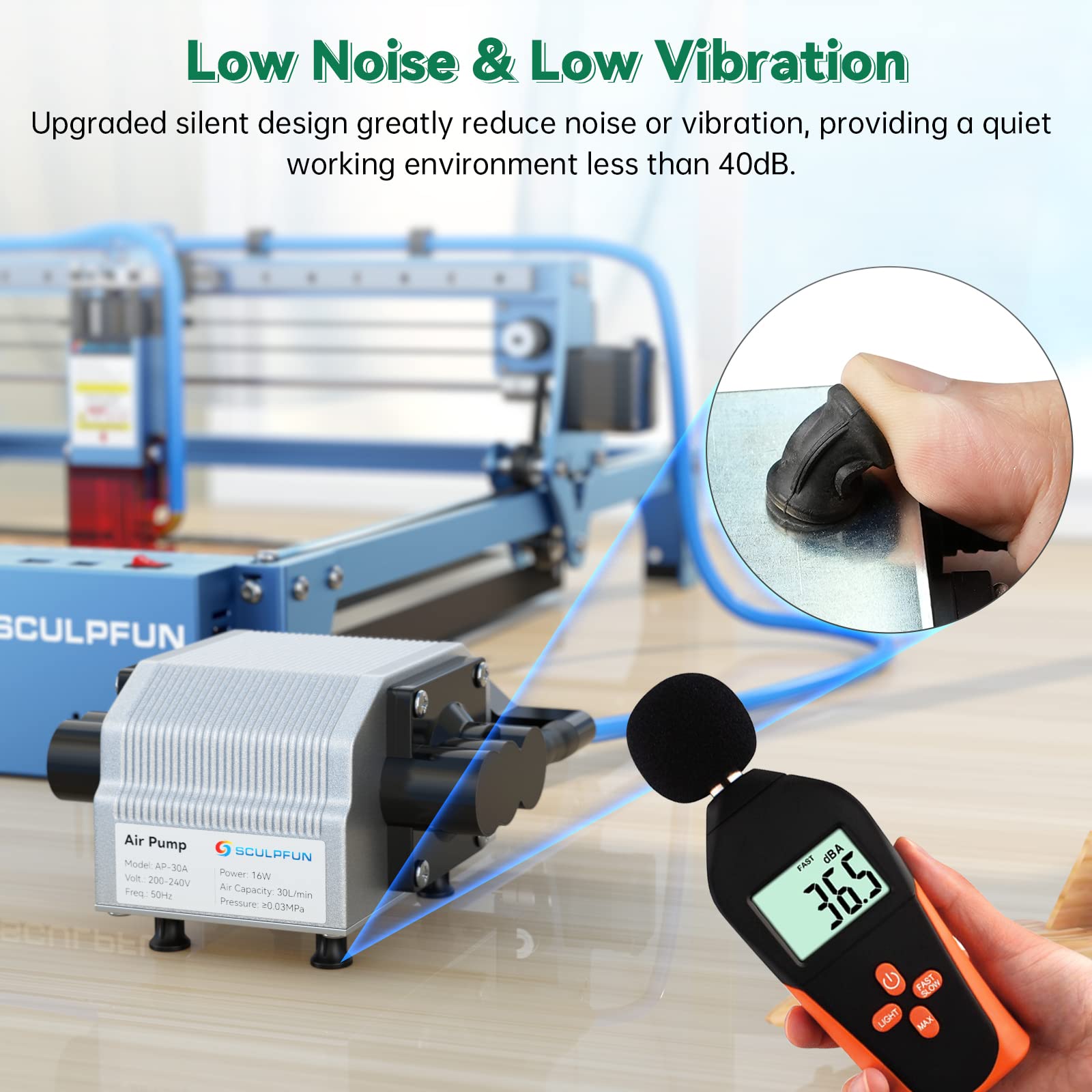 SCULPFUN S10 Air Assist Kit - Adjustable 0-30L/Min Air Flow, Low Noise Laser Engraver Accessory for Wood, Metal, Acrylic Cutting & Engraving | Perfect for DIY Crafts, Sign Making & Jewelry Design