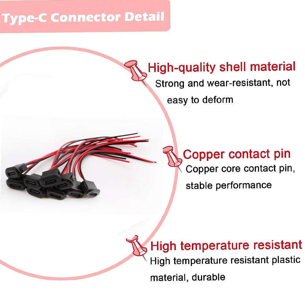 10PCS USB C Female Chassis 2Pin Soldering Jack - Waterproof Type C Pigtail Cable Extension, Power Cable with Micro USB Panel Mount Connector (Black) - Perfect for DIY Electronics, Car Audio & Home Automation Projects