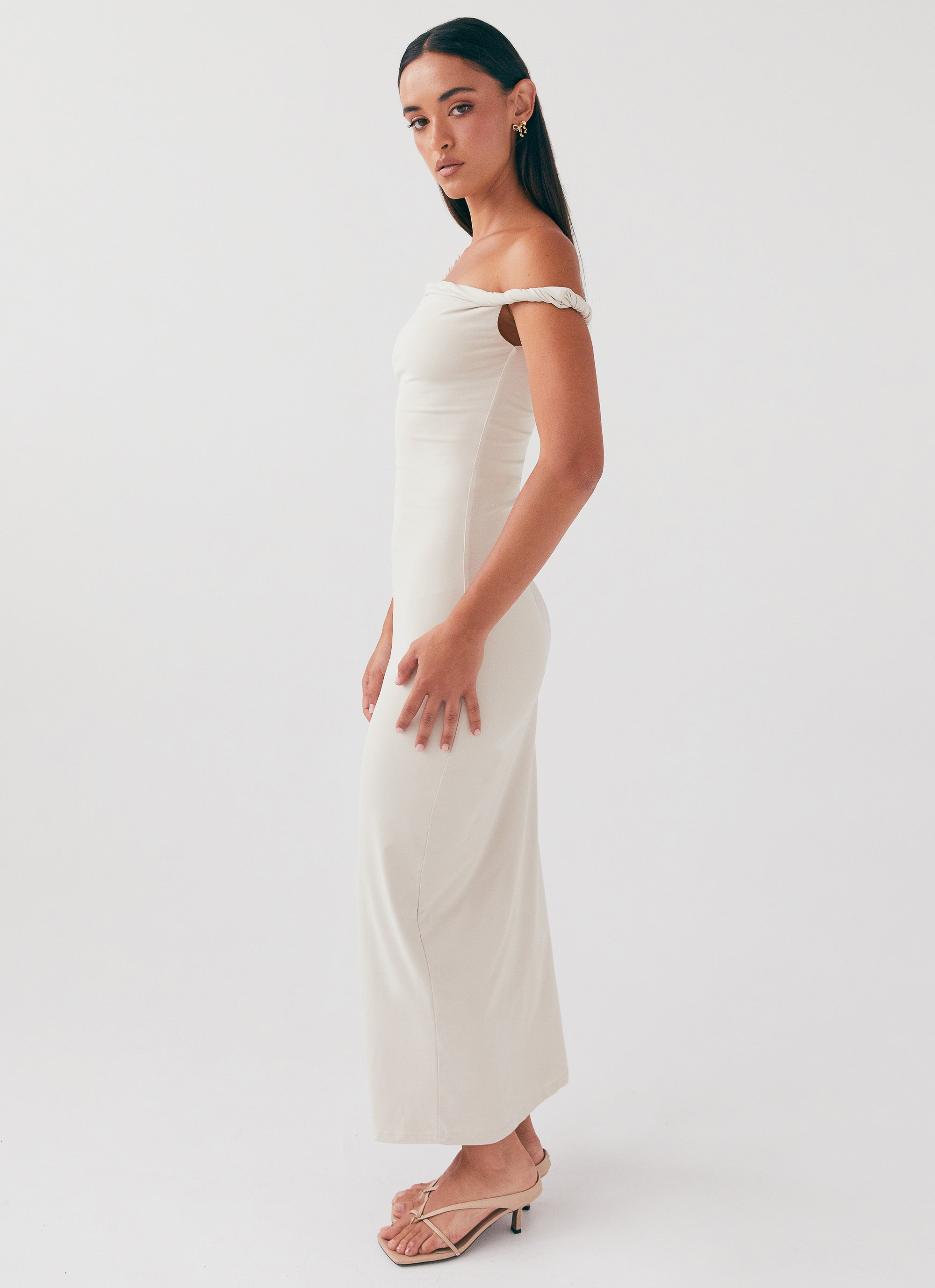 Arabella Twist Shoulder Maxi Dress - Elegant Beige Long Flowy Dress for Women | Perfect for Summer Weddings, Beach Vacations & Evening Parties