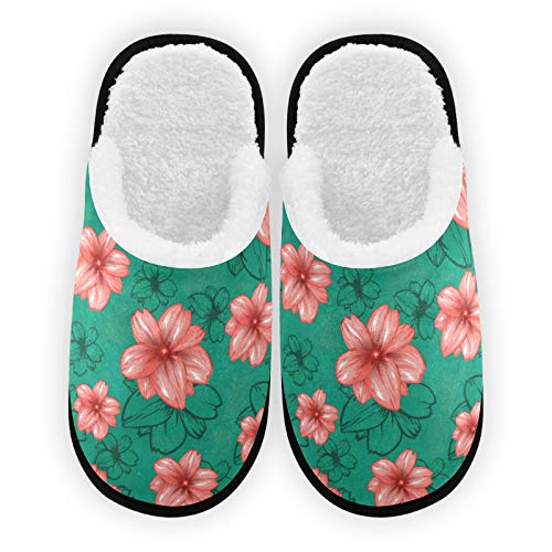Cozy Plush-Lined Men's & Women's House Slippers - Warm Coral Fleece with Pink Flowers for Indoor/Outdoor & Spa Use - Perfect for Relaxing at Home, Lounging or Spa Days