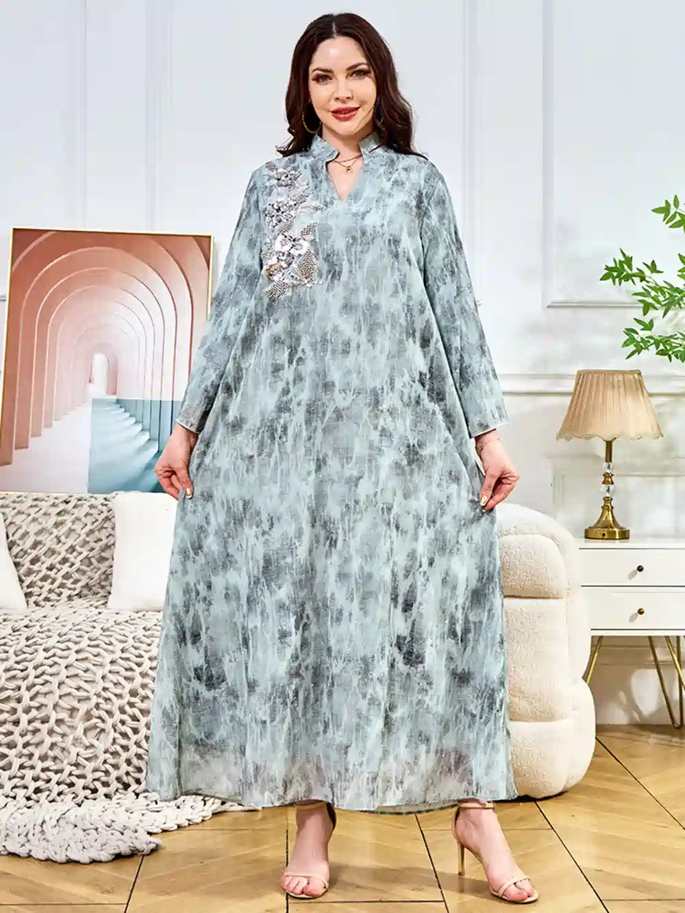 Hotfix Rhinestone Beaded Caftan Dress for Women - Elegant Kaftan with Crystal Embellishments for Eid, Parties, and Special Occasions