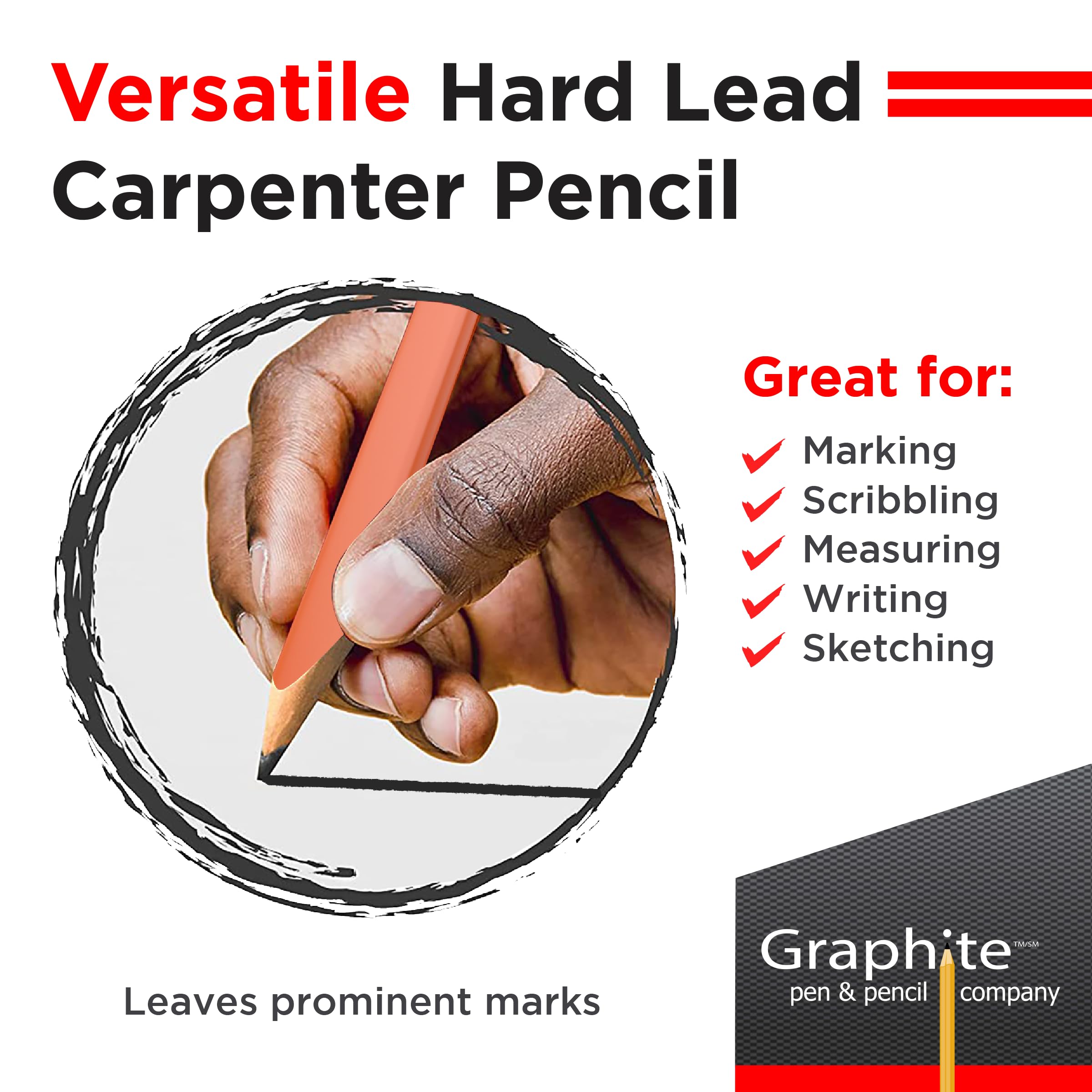 GRAPHITE Hard Lead Carpenter Pencils Bulk - 12 Pack of #2 (HB) Wooden Pencils for Lumber Marking - Neon Orange for High Visibility - Perfect for Construction, Woodworking & DIY Projects