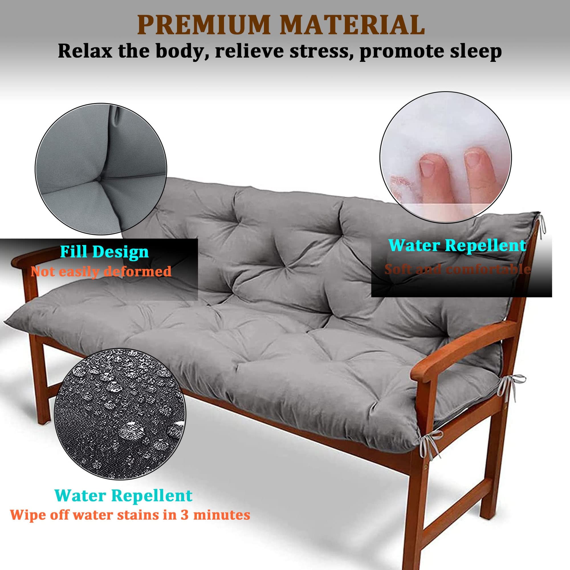 2-3 Seater Bench Cushion with Backrest - Waterproof Non-Slip Replacement Seat Pad for Outdoor Porch Swing, Garden Patio Furniture - Perfect for Relaxing in Backyard, Deck or Poolside
