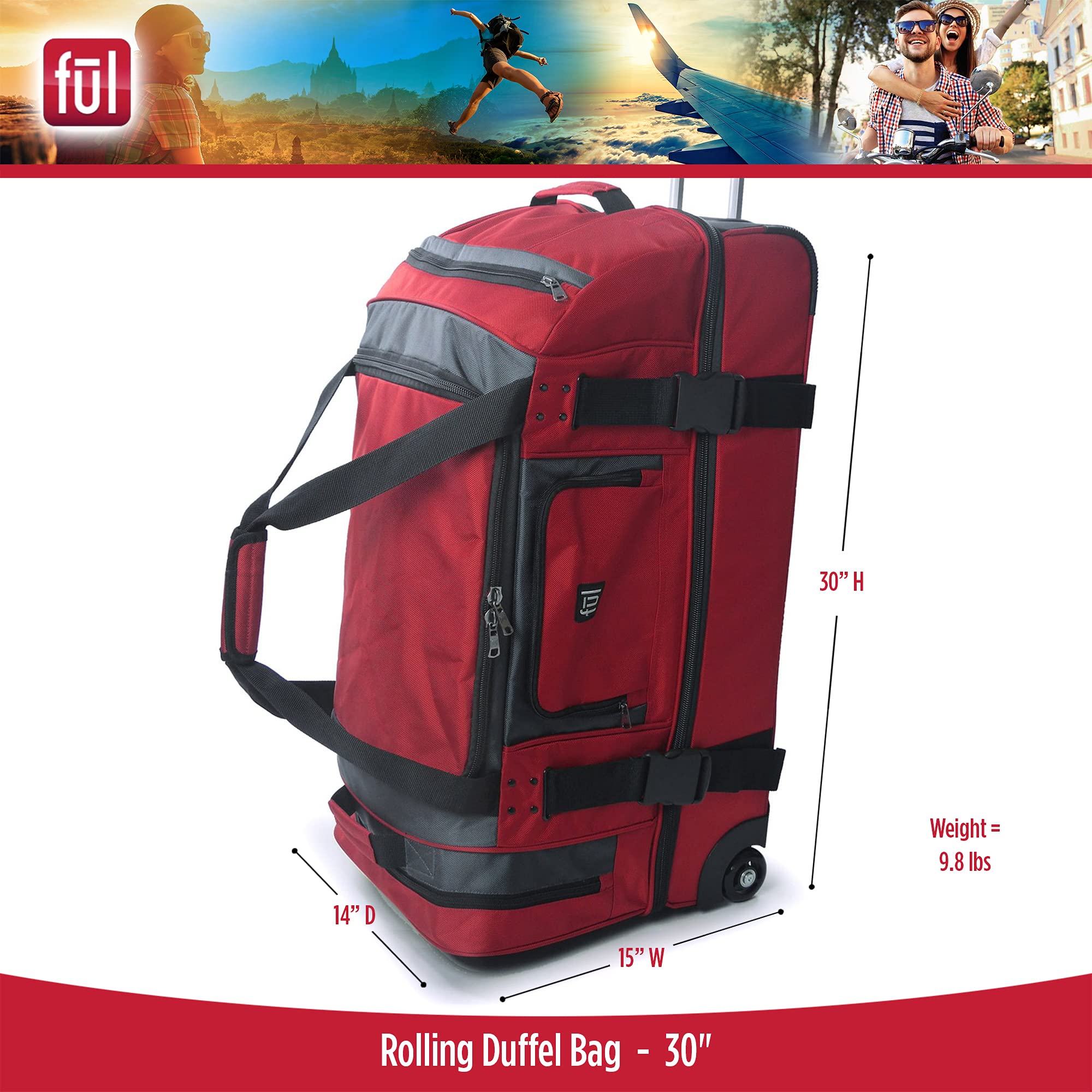 30 Inch FUL Rig Rolling Duffel Bag with Wheels - Large Travel Luggage for Airplane, Gym, Sports Equipment & Weekend Getaways