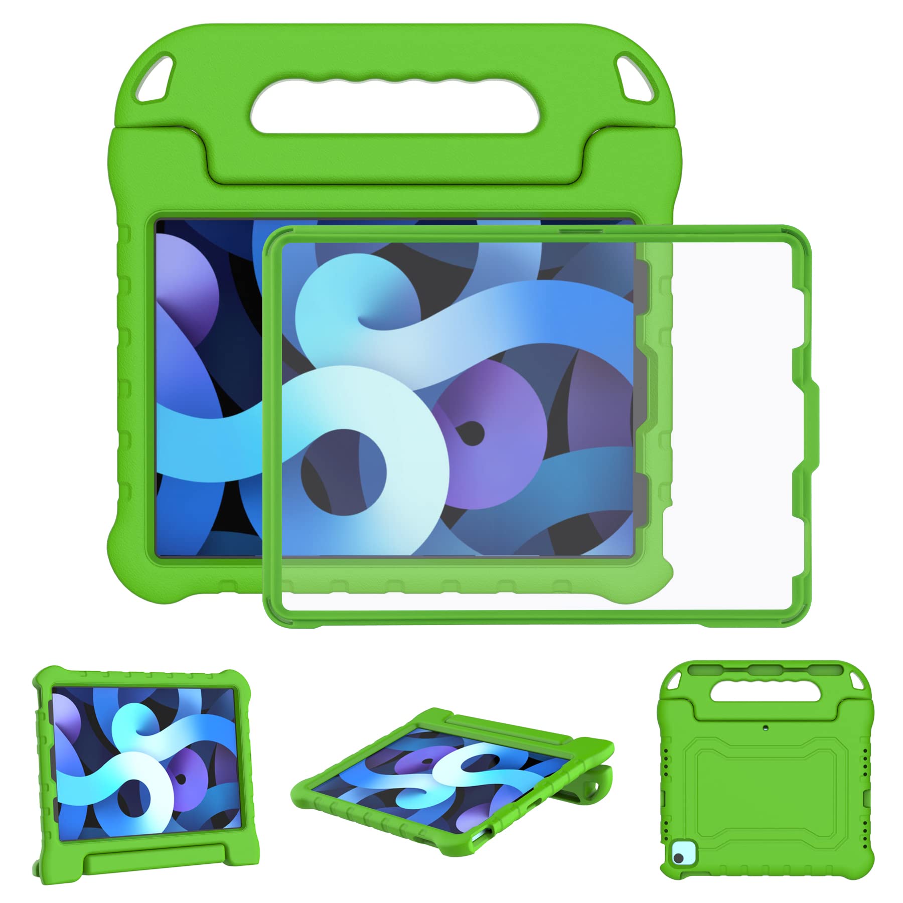 Shockproof Kids iPad Air 5th/4th Gen Case (10.9 inch 2022/2020) & iPad Pro 11 Case (2021/2020/2018) with Screen Protector & Pencil Holder - Green Protective Cover with Handle Stand for School, Travel & Home Use