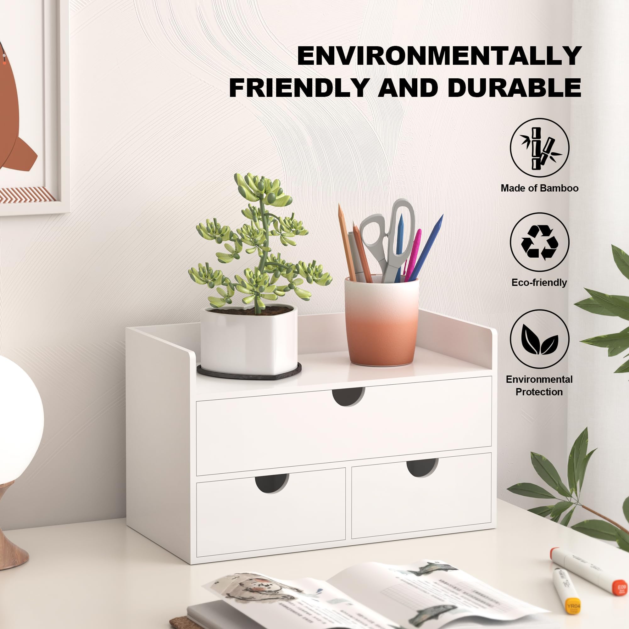 Wisuce Bamboo Desk Organizer with Shelf - Mini Tabletop Drawer for Office & Home Storage | Perfect for Organizing Cosmetics, Stationery & Small Items | White Bamboo Desktop Organizer for Workspace & Vanity
