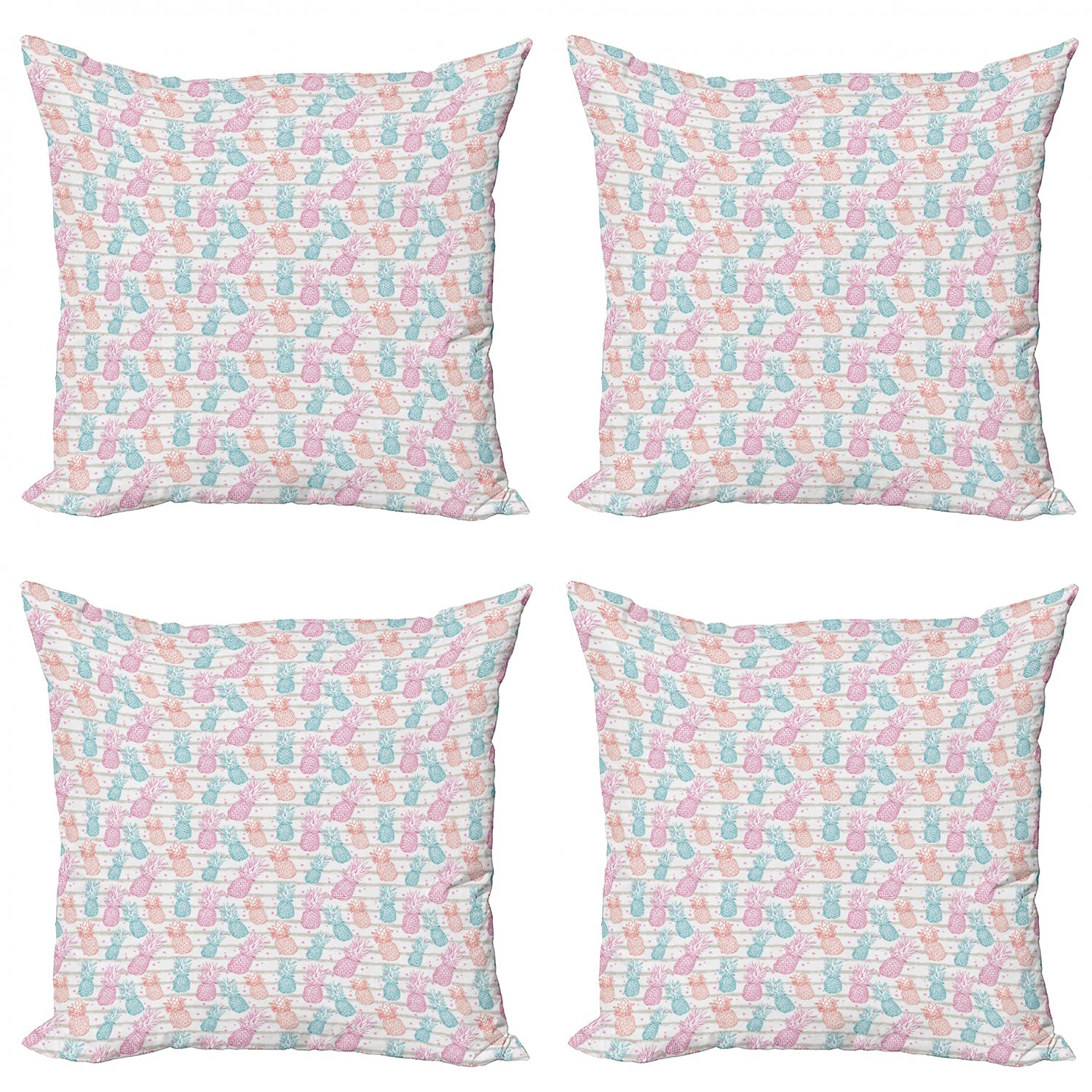 Ambesonne Tropical Throw Pillow Covers Set of 4 - 16 Inch Hand-Painted Pineapple Design with Dotted & Striped Background, Double-Sided Digital Print Modern Home Decor (Pink Coconut) - Perfect for Living Room, Bedroom, or Outdoor Patio