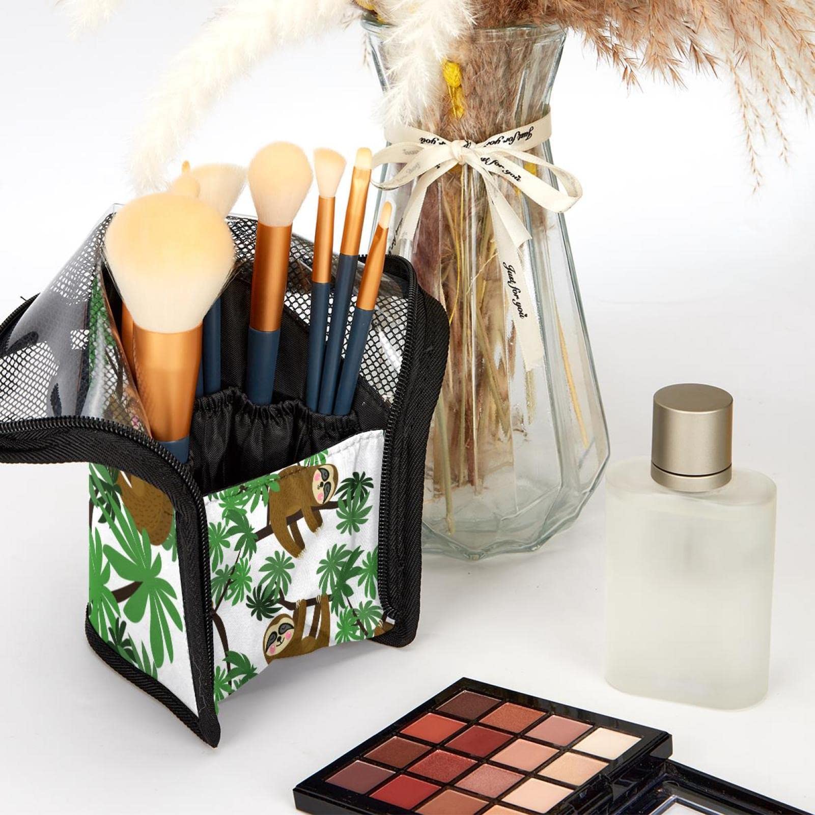 Premium 12-Slot Makeup Brush Organizer Bag - Jungle Sloths & Palm Tree Design, Portable Travel Cosmetic Brush Holder Case for Makeup Artists & Beauty Enthusiasts - Perfect for Home Vanity, Travel & Professional Makeup Kits