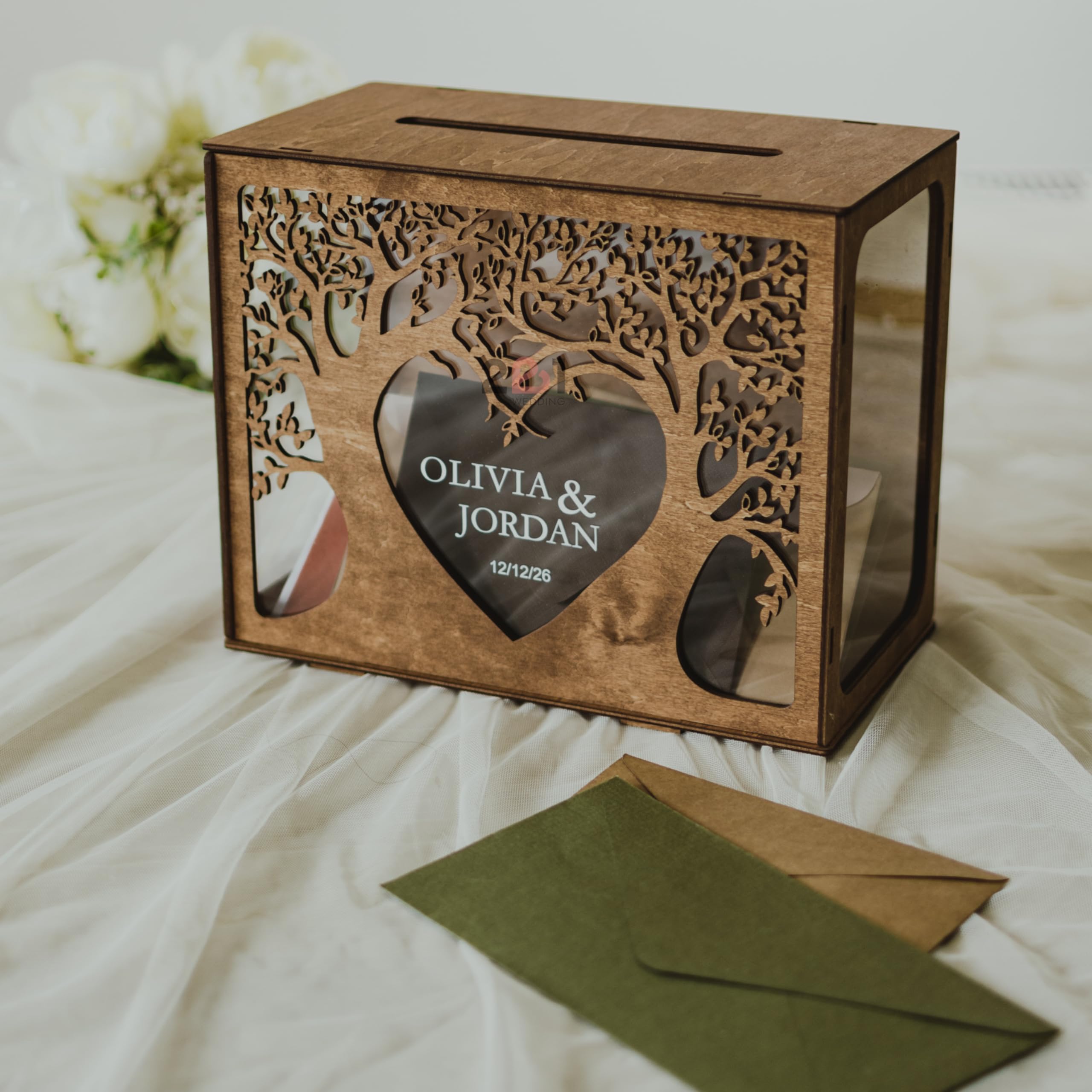Personalized Wooden Wedding Card Box - Custom Rustic Money & Card Holder with Tree Design - Elegant Bridal Shower, Birthday Gift Box - Perfect for Wedding Reception, Anniversary & Special Events