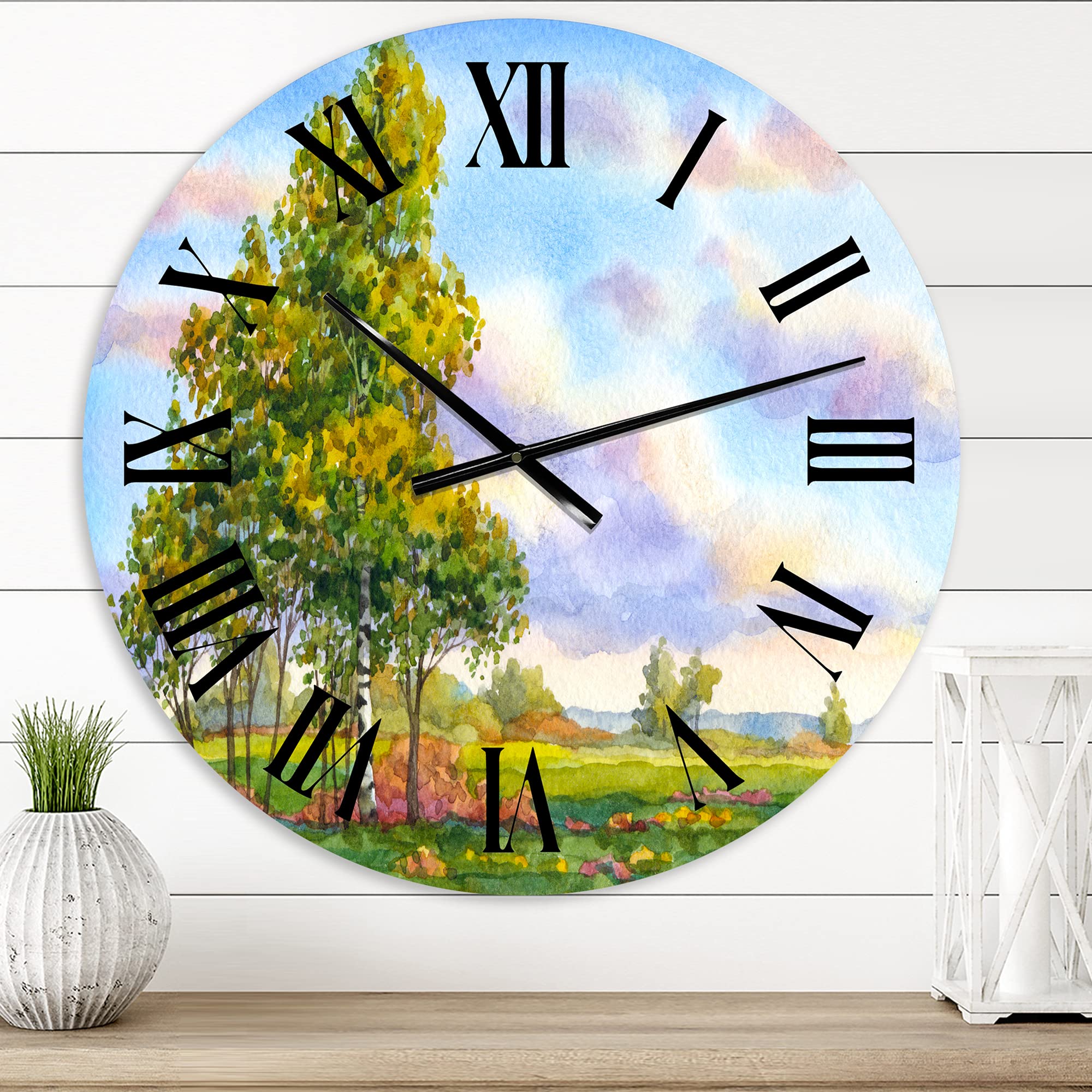 DesignQ Traditional Wall Clock - 'Landscape The Trees in The Evening Field' - Large Nature-Themed Wall Clock for Bedroom, Living Room & Office Decor - Perfect for Home, Office & Gifts