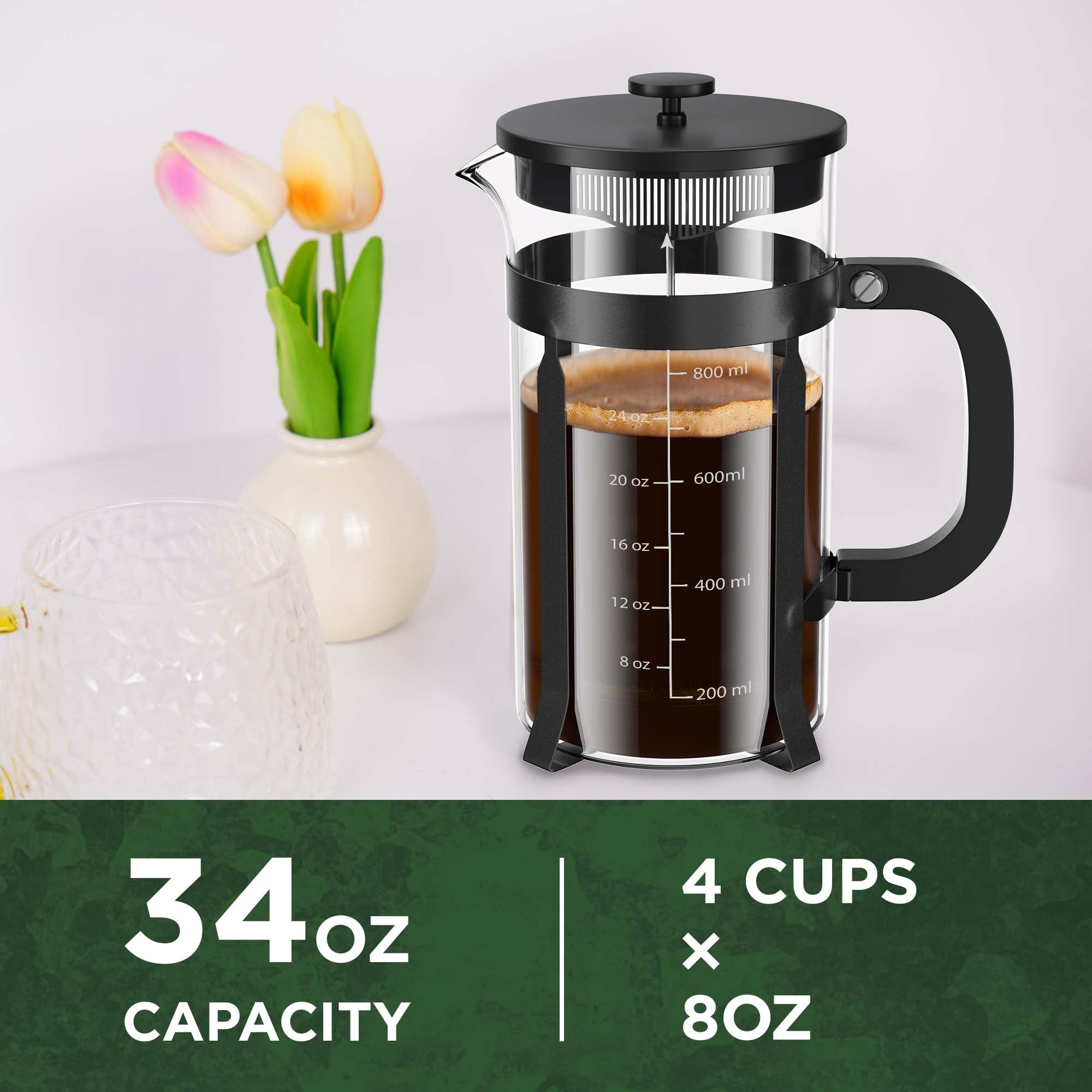 Premium Stainless Steel French Press Coffee Maker - 34oz (1L) Borosilicate Glass, Heat Resistant for Hot & Cold Brew Coffee, Tea, Espresso | Perfect for Home, Office, Camping & Gifts