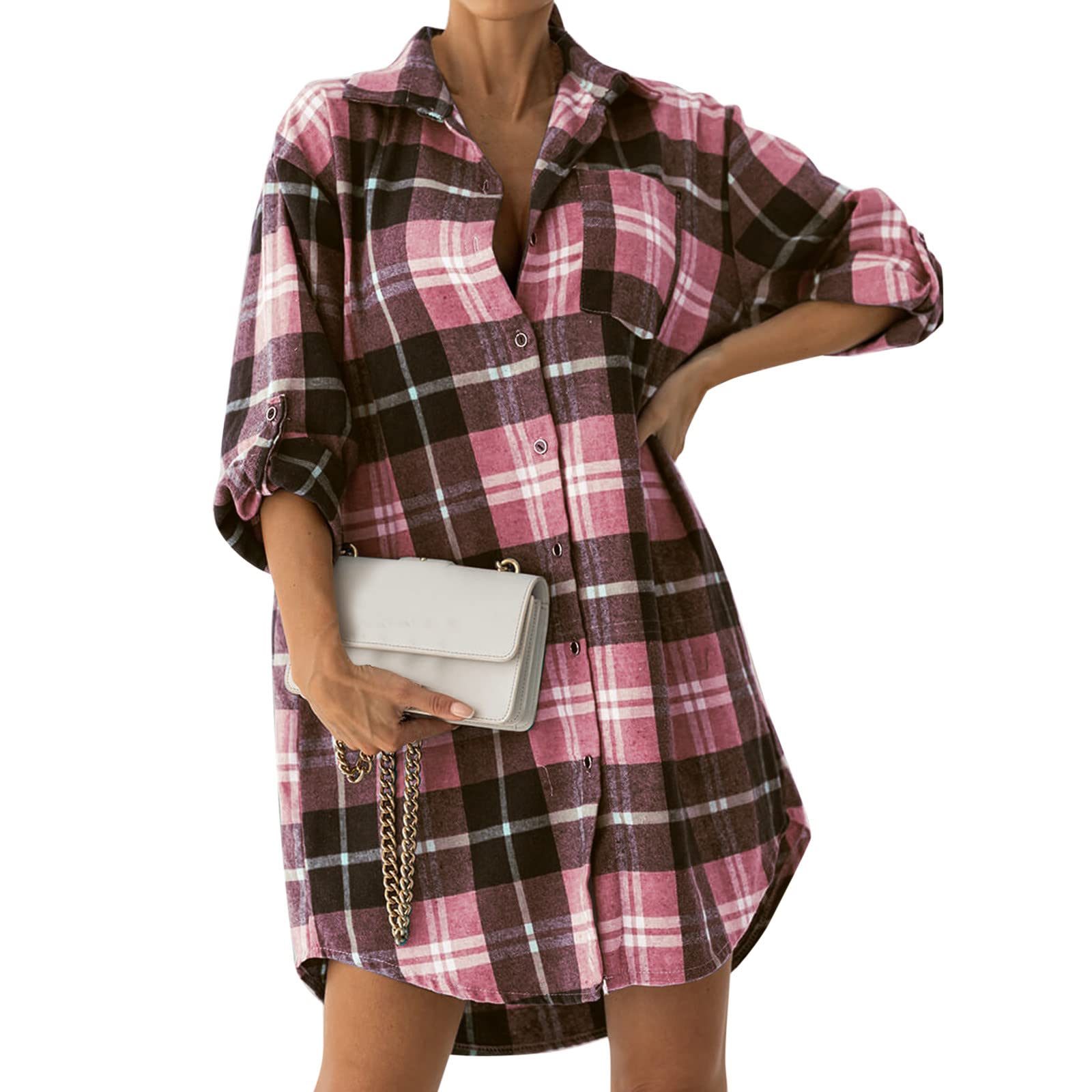 Women's Lightweight Flannel Plaid Elbow Sleeve Shirt - Soft Raglan Tee with Short Sleeves for Casual Wear, Outdoor Activities & Layering in Fall/Winter
