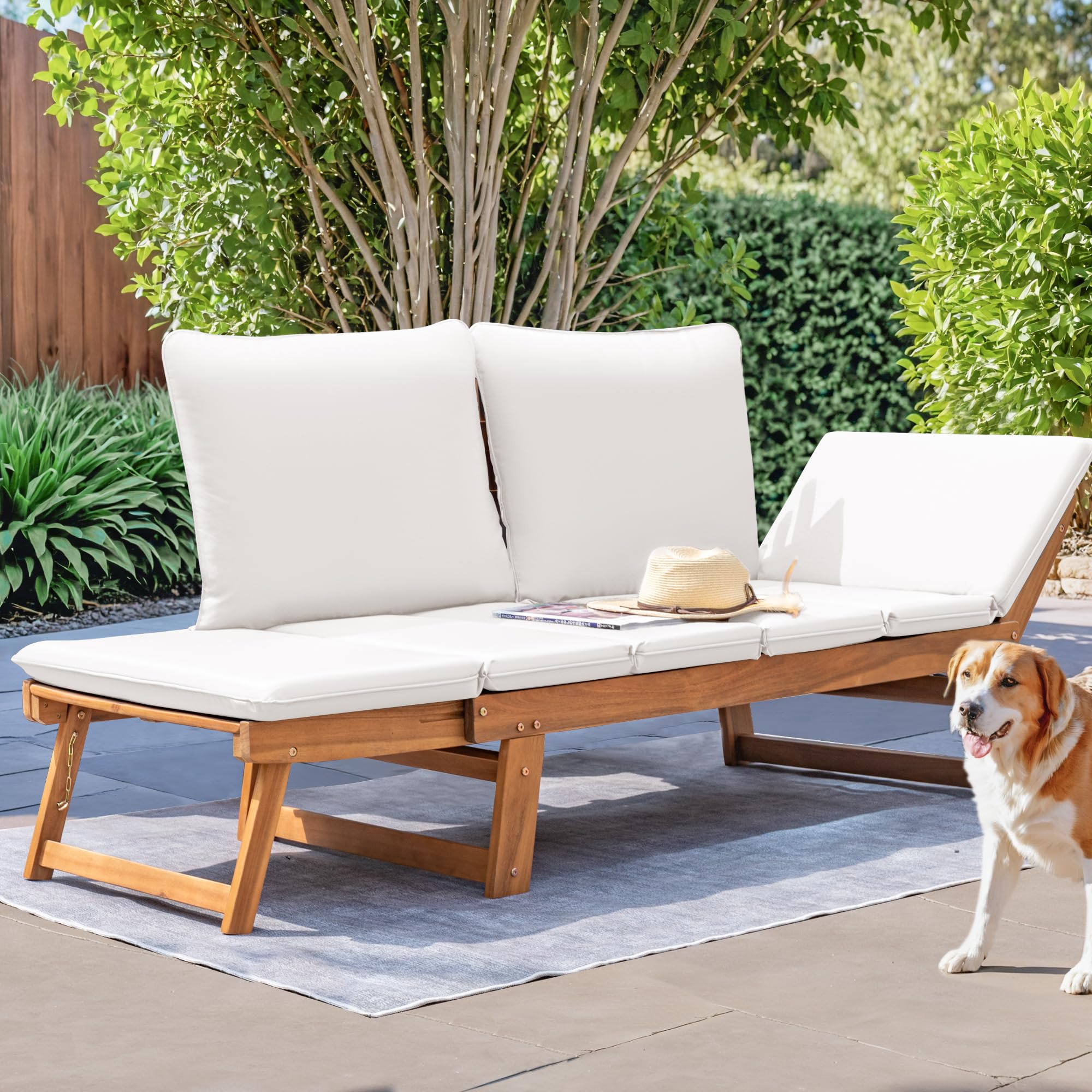 Devoko Outdoor Couch - Acacia Wood Patio Sofa with Adjustable Armrests & Removable Cushions, Convertible Lounge Furniture for Backyard, Porch, Poolside, Garden (White) - Perfect for Relaxing, Sunbathing & Outdoor Entertaining