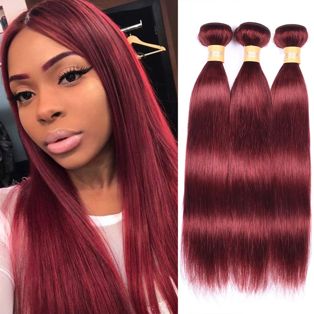 WOME Light Wine Red Hair Extensions - 3 Bundles Peruvian Virgin Human Hair #33 Silky Straight Wefts (18